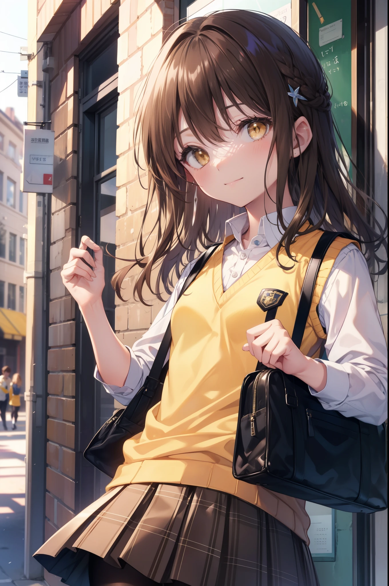 Follow Us, food yuuki, (brown eyes:1.7), brown hair, hair ornaments, hair Scrunchie, long hair, pink Scrunchie, Scrunchie, (flat chest:1.2),smile,blush,
break green skirt, plaid, plaid skirt, sainan high school uniform, school uniform, skirt, shirt, white shirt, sweater vest, (yellow sweater vest:1.5),black pantyhose,brown loafers,walking,student bag,On the way to school,morning日,morning,
break looking at viewer Looking up from below, whole body,(cowboy shot:1. 5)
break outdoors, In town,building street,
break (masterpiece:1.2), highest quality, High resolution, unity 8k wallpaper, (figure:0.8), (detailed and beautiful eyes:1.6), highly detailed face, perfect lighting, Very detailed CG, (perfect hands, perfect anatomy),