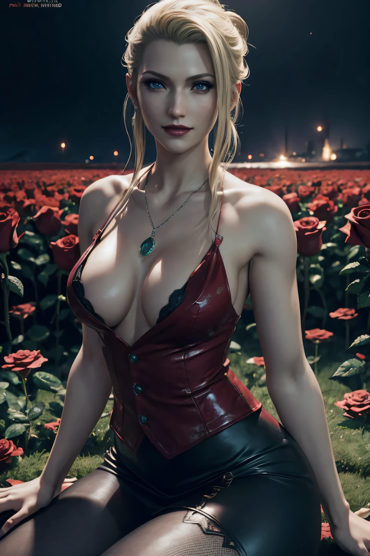 scarlet,final fantasy 7,FF7,blonde hair,one length,Let down one side of your bangs,beautiful purple eyes,white skin,red lips,red long dress,Black see-through blouse,black fishnet tights,red high heels,emerald necklace,super high quality,super high quality,masterpiece,digital single lens reflex,realistic,Detailed details,vivid details,depicted in detail,detailed face,Detailed details,Super detailed,realistic skin texture,based on anatomical basis,perfect anatomy,anatomically correct hand,anatomically correct fingers,Complex 3D rendering,sexy pose,beautiful red rose field,Final Fantasy Worldview,Dark worldview,Fantastic night view,fantastic night sky,beauty like a painting,smile,