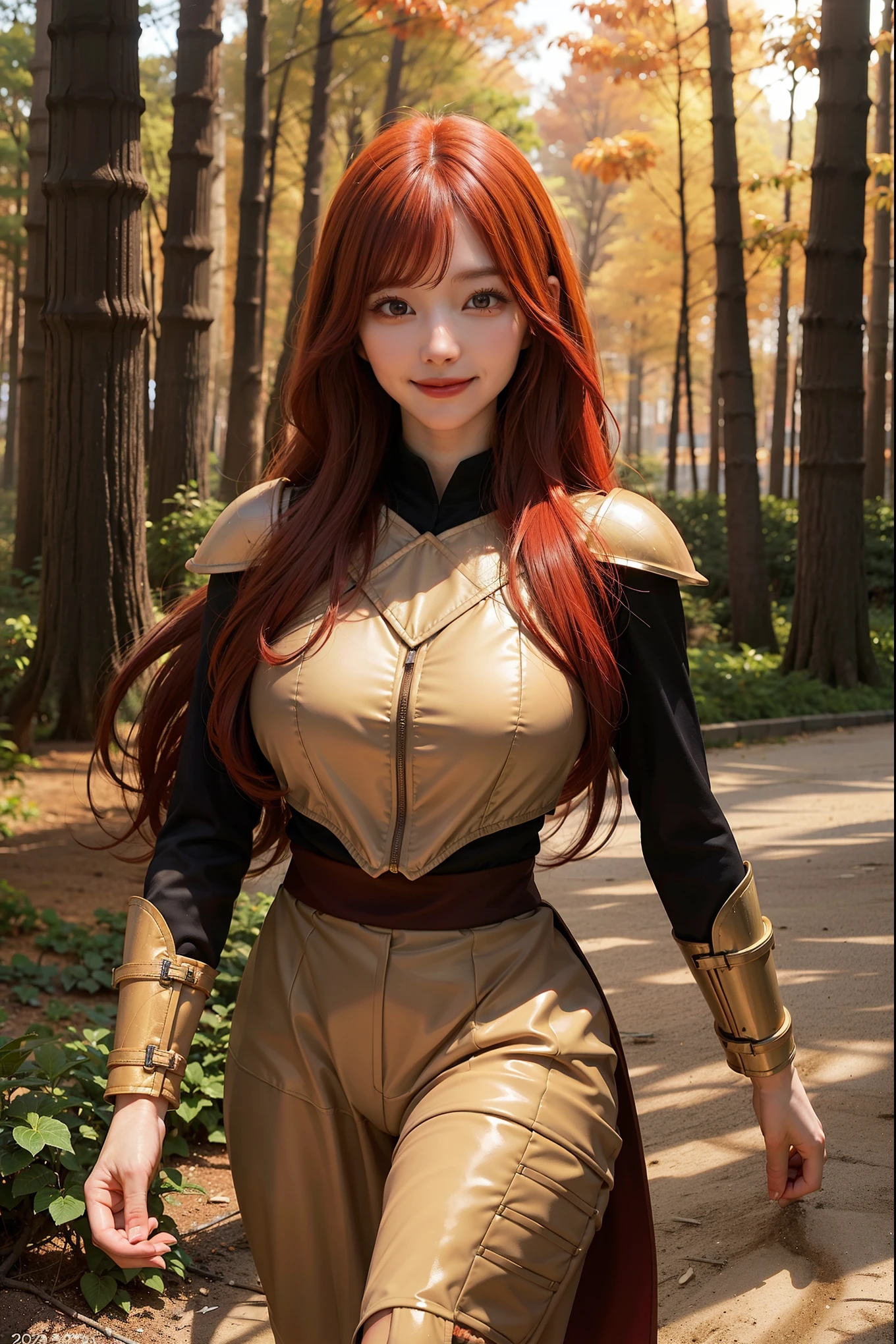 Forest fire background, armor, 25 year old beautiful woman, Very long hair, red hair, Hyper realistic, 8K, Bokeh, beautiful smiling face huge breasts, walking towards the viewer,dynamic pose