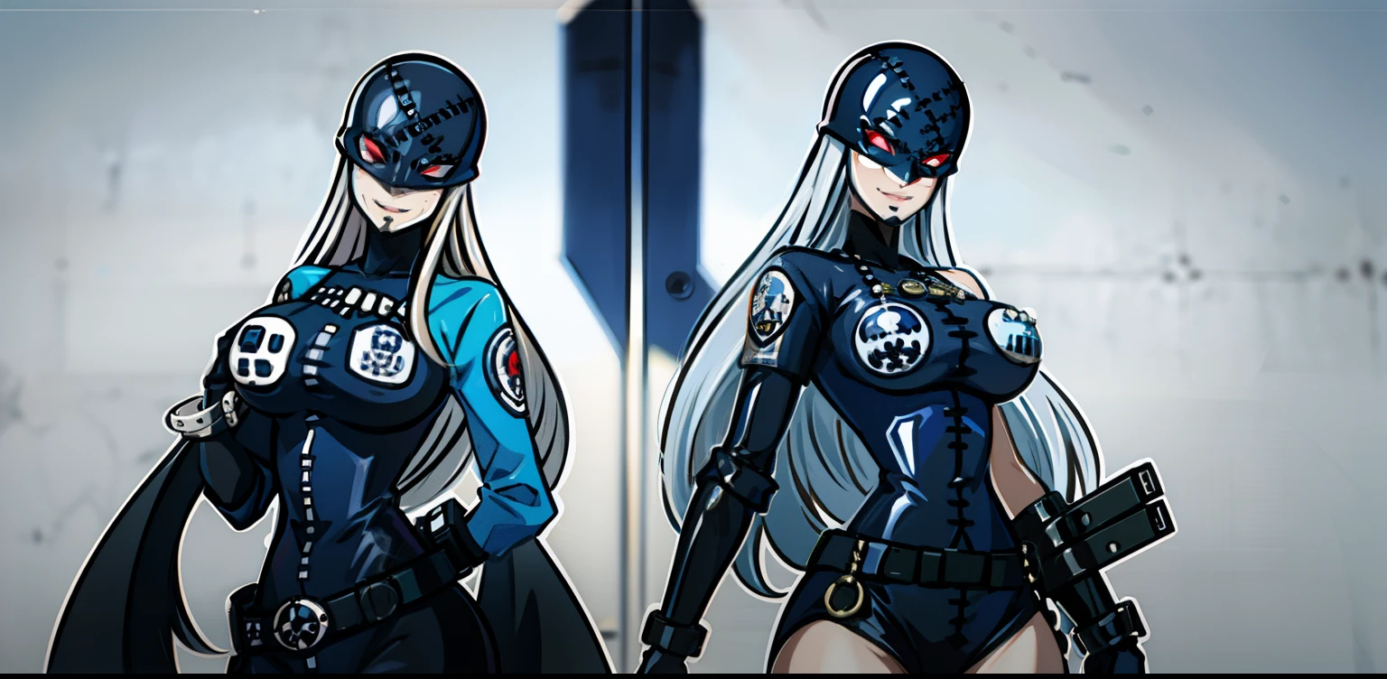 whole body, sexy thighs, woman, detailed body, large bust, sky blue skin, long straight gray hair, very fitted black leather suit that sticks to the skin, flirtatious smile, casual pose, leather mask that covers her head and ends under her eyes, eyes red, ultra detailed, fine nose, only one person,with female police uniform, sky blue shirt, navy blue skirt, police badge on the chest, coming out of a birthday cake,