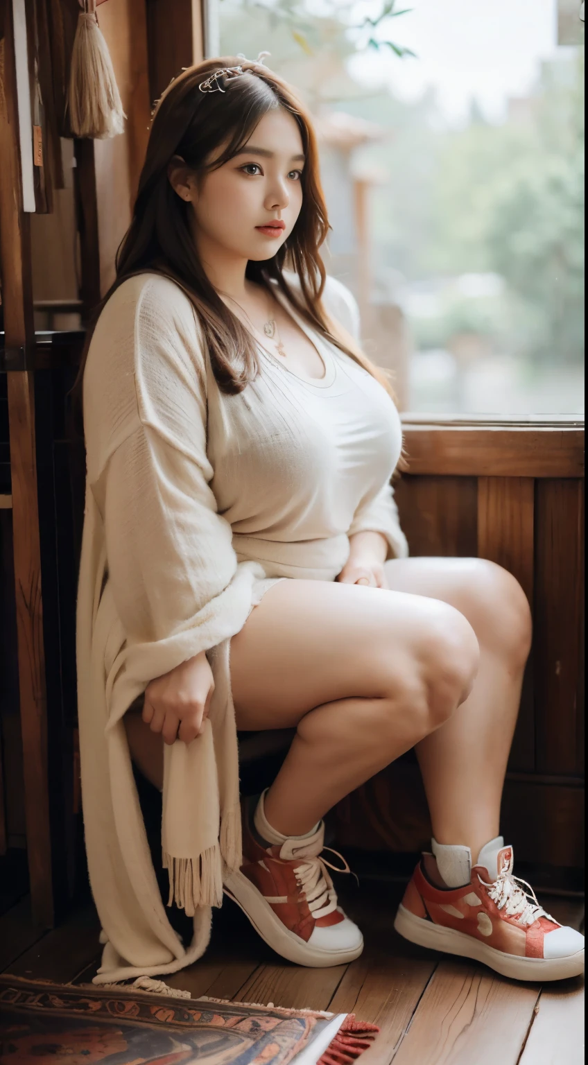 there is a woman sitting down with a longest brown hair, bbwchan, thicc, brown hijab outfit, brown hairstyle model, korean girl, korean woman, wearing brown robe, full length shot, alluring plus sized model, japanese goddess, clothed in hooded, voluptuous and arousing, portrait shot, curvy model, voluptuous body, wonderful, nene tanaka body , bbwchan, The overall atmosphere is smooth , haunting illustrations, extremely high-resolution details, photographic, realism pushed to extreme, fine texture, 4k, ultra-detailed, high quality, high contrast, red sneakers , cold atmosphere ,, cold atmosphere