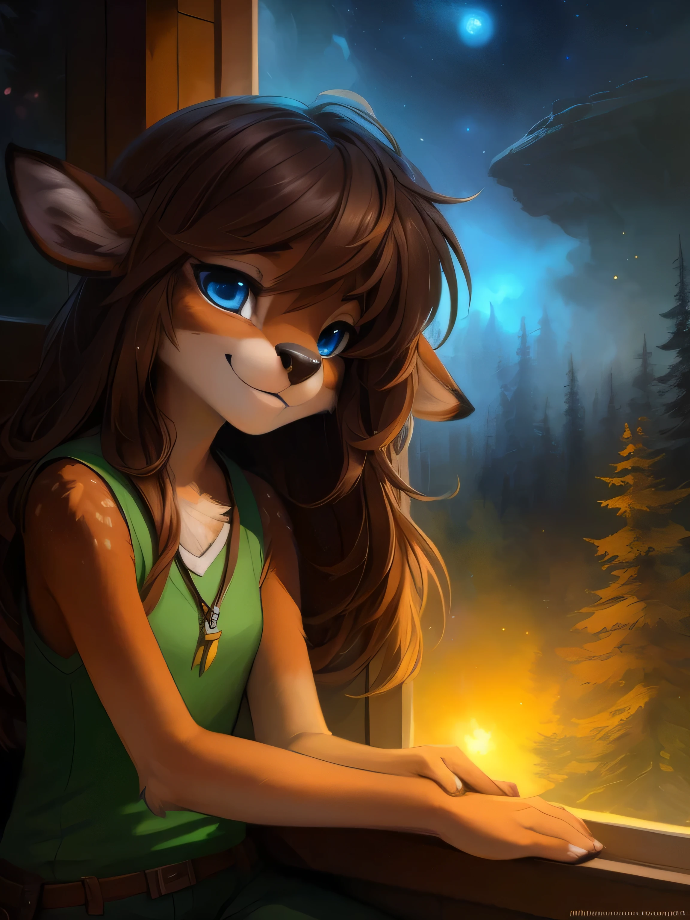uploaded the e621, beautiful and detailed portrait of a (((female))) small very young solo teenage young anthro female deer doe with with small hips and a skinny body and ((clear navy blue eyes)),  ( small legs and hips :1.5), small pelvis, Slim waist, wearing cargo pants and a shirt, sitting on a window sims, staring out into an alien planet with glowing plants and bioluminescent trees at midnight , long brown hair,  kenket, Ross Tran,ruan jia, uploaded to e621, zaush, foxovh, zenematic lighting, deer,full body, deer tail, day, beautiful, messy hair, brown hair, 1girl, solo, night, smiling shyly, detailed,hair covering eyes,  black and brown hair, long hair floating in the wind, beautiful, (sublime: 1.0), (Extremely sensitive: 1.0), 