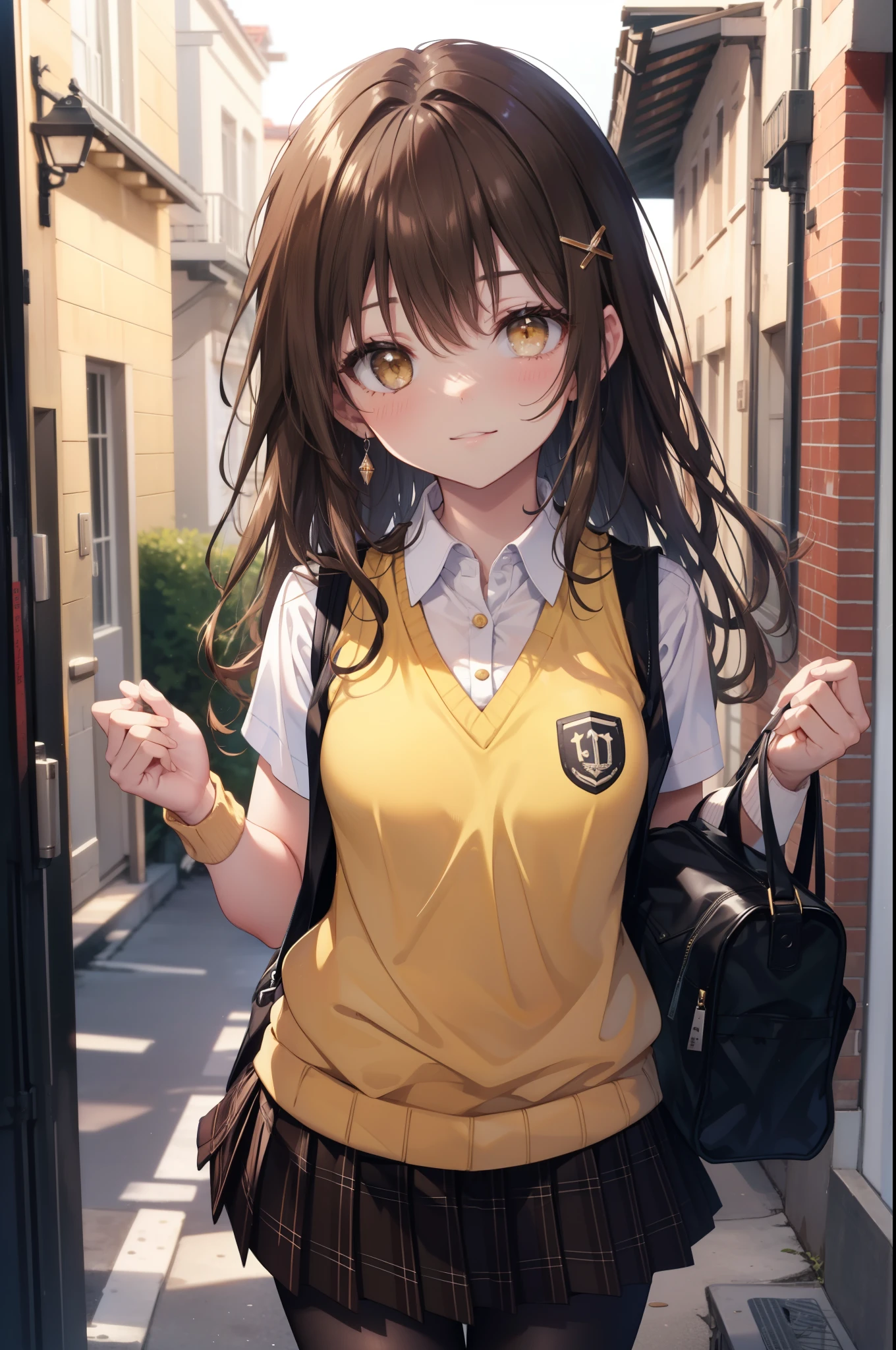 Follow Us, food yuuki, (brown eyes:1.7), brown hair, hair ornaments, hair Scrunchie, long hair, pink Scrunchie, Scrunchie, (flat chest:1.2),smile,blush,
break green skirt, plaid, plaid skirt, sainan high school uniform, school uniform, skirt, shirt, white shirt, sweater vest, (yellow sweater vest:1.5),black pantyhose,brown loafers,walking,student bag,On the way to school,morning日,morning,
break looking at viewer peeping from above, whole body,(cowboy shot:1. 5)
break outdoors, In town,building street,
break (masterpiece:1.2), highest quality, High resolution, unity 8k wallpaper, (figure:0.8), (detailed and beautiful eyes:1.6), highly detailed face, perfect lighting, Very detailed CG, (perfect hands, perfect anatomy),