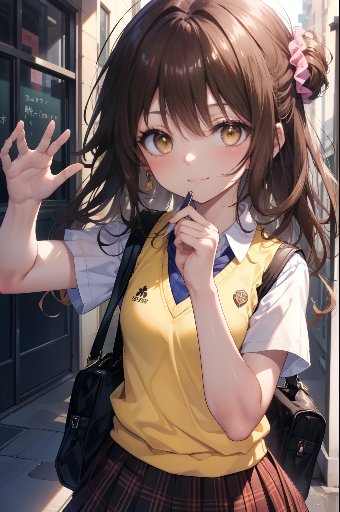 Follow Us, food yuuki, (brown eyes:1.7), brown hair, hair ornaments, hair Scrunchie, long hair, pink Scrunchie, Scrunchie, (flat chest:1.2),smile,blush,
break green skirt, plaid, plaid skirt, sainan high school uniform, school uniform, skirt, shirt, white shirt, sweater vest, (yellow sweater vest:1.5),black pantyhose,brown loafers,walking,student bag,On the way to school,morning日,morning,
break looking at viewer　peeping from above, whole body,(cowboy shot:1. 5)
break outdoors, In town,building street,
break (masterpiece:1.2), highest quality, High resolution, unity 8k wallpaper, (figure:0.8), (detailed and beautiful eyes:1.6), highly detailed face, perfect lighting, Very detailed CG, (perfect hands, perfect anatomy),