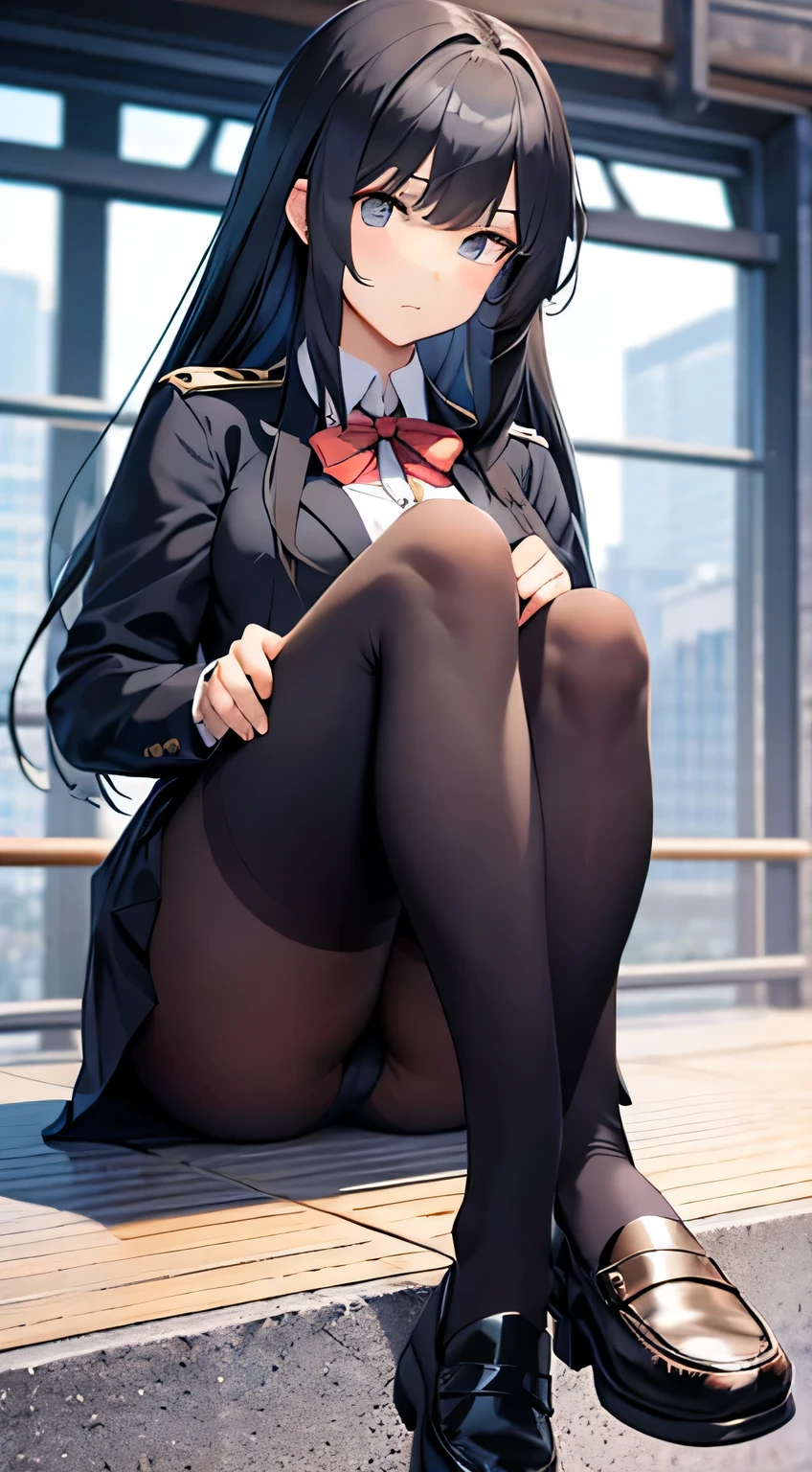 A female Japanese high school student in uniform wearing black pantyhose and loafers is sitting with her legs open. legs looming over you, detailed legs towering over you, with a scornful glance, portrait of person