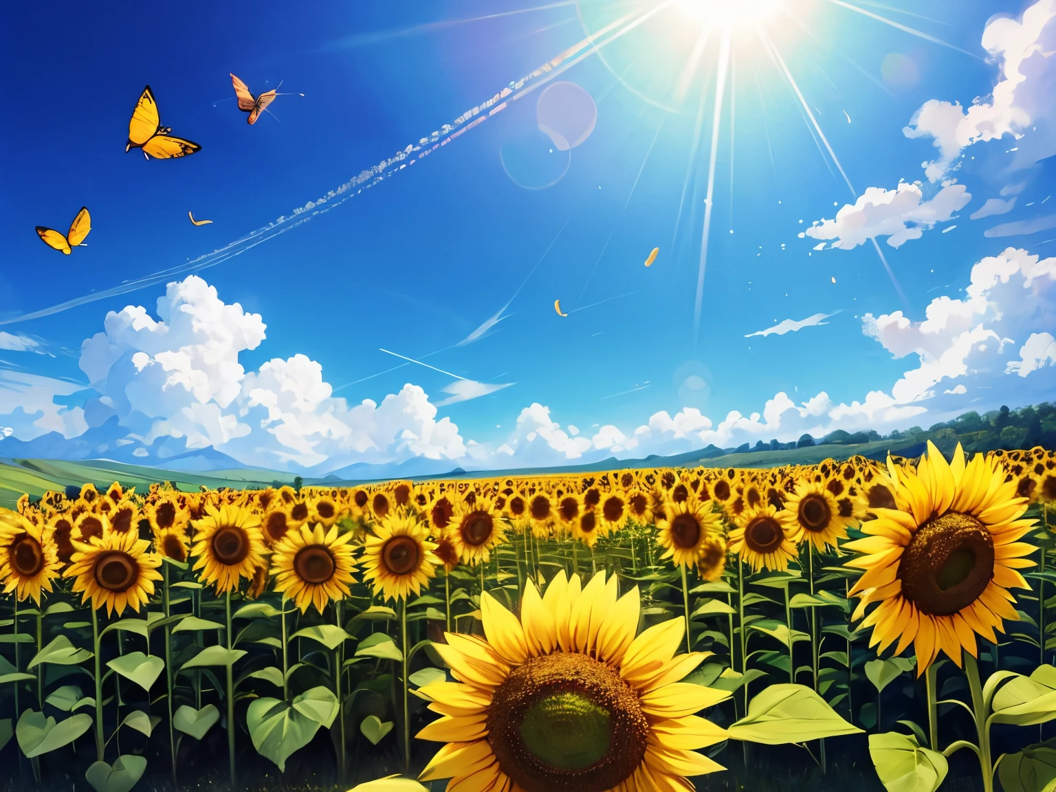 Sunflower field in full bloom, with blue sky and butterflies flying.