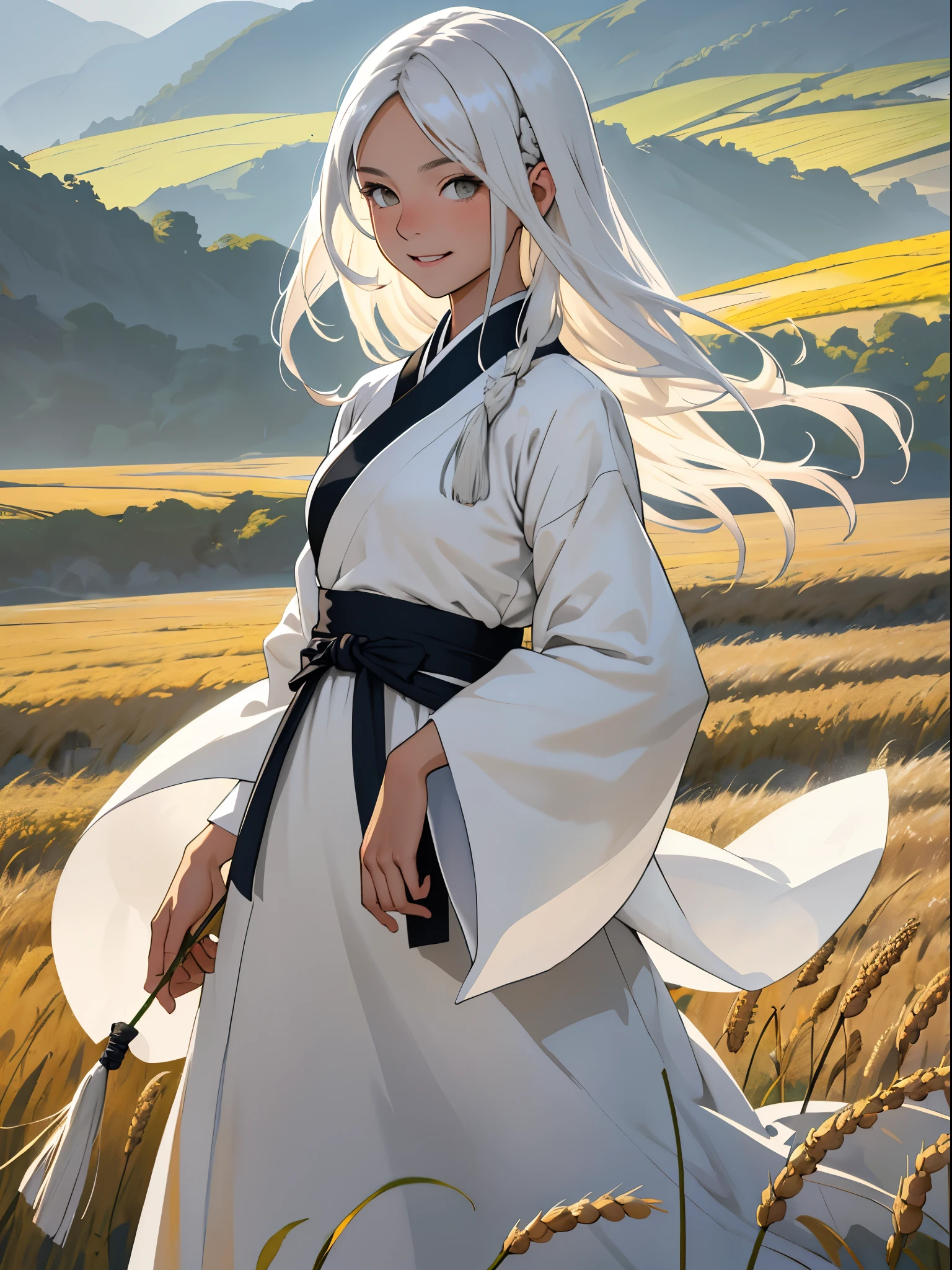 Obra maestra, Mejor calidad, ultra high resolution, detallado illustration, retrato, detallado, 1 girl standing in the wheat field, solo, pelo largo, vestido, flor, hanfu blanco, sonrisa, cuerpo completo, white flor, Hombros descubiertos, very pelo largo, pelo aguamarina, boca cerrada, frente al espectador, golpes,