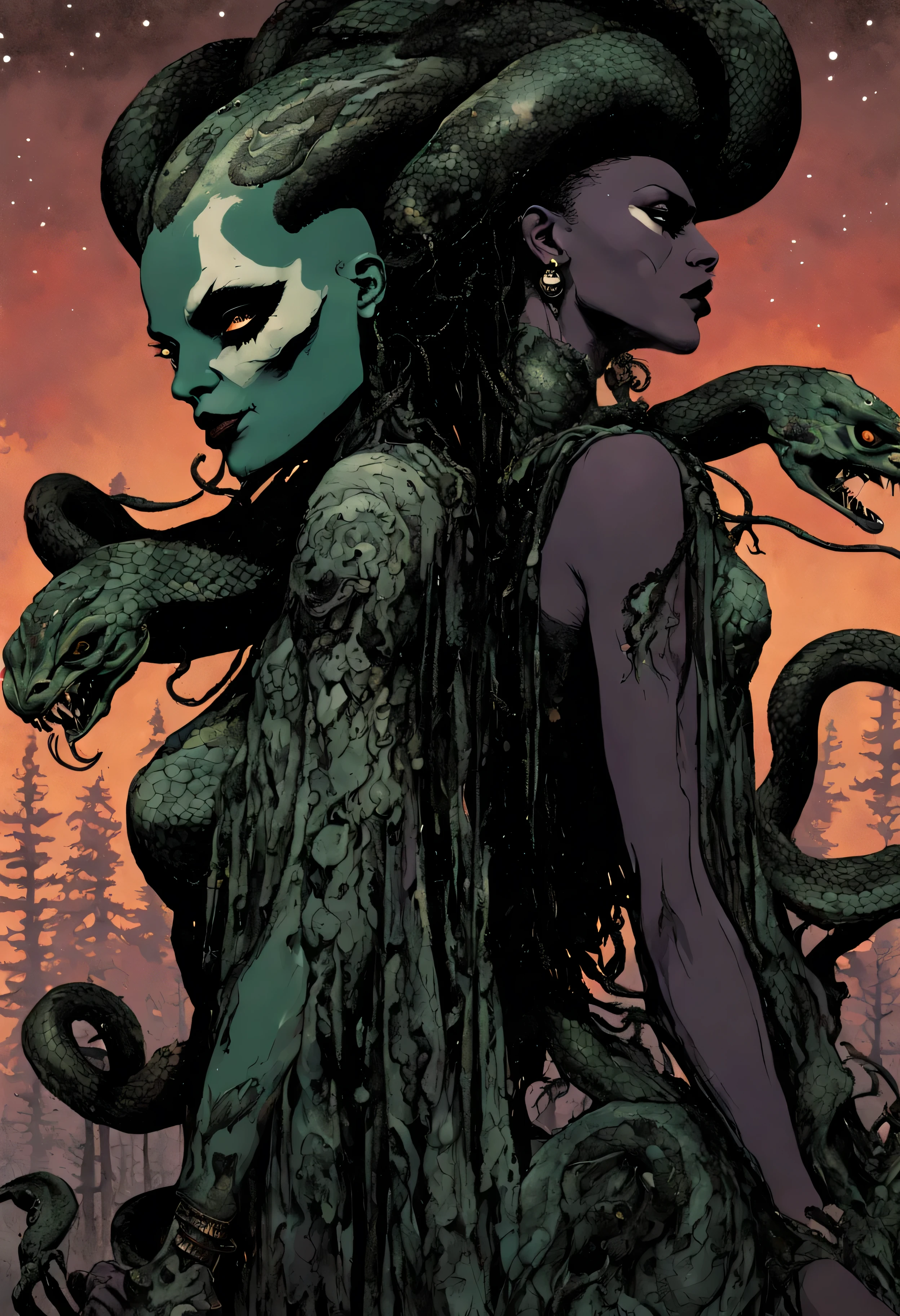 Medusa, splash page decompressed comic cover art, ink style figure, ((expressive Joelle Jones and "Sean Gordon Murphy" comic drawing)), wordless, cinematic poster, abyss void black no visibility darkness, forest green, earth brown), morphology anatomy drawn Frederic Delavier musculature anatomical illustration, (face, ornate black metal corpse paint, resembles Grace Jones), full length portrait, colors, bleak muted deep fiery radiant glowing ROYGBIV, (background, pine barrens, entropy, rewilding, magic hour sunset, galaxy stars, cosmos), candid, snake skin dress, (body, Naga, snakefolk, lower body snake tail, snake woman hybrid, bald, hairless, skeleton, snake skin tattoos, piercing eyes, snake pupils, over the shoulder), craftsmanship nuance, (Gerardo Zaffino charcoal), (horror, abstract, surreal, body, cosmic), subliminal orchids, nyctophobia, silhouette, double exposure, image within image,