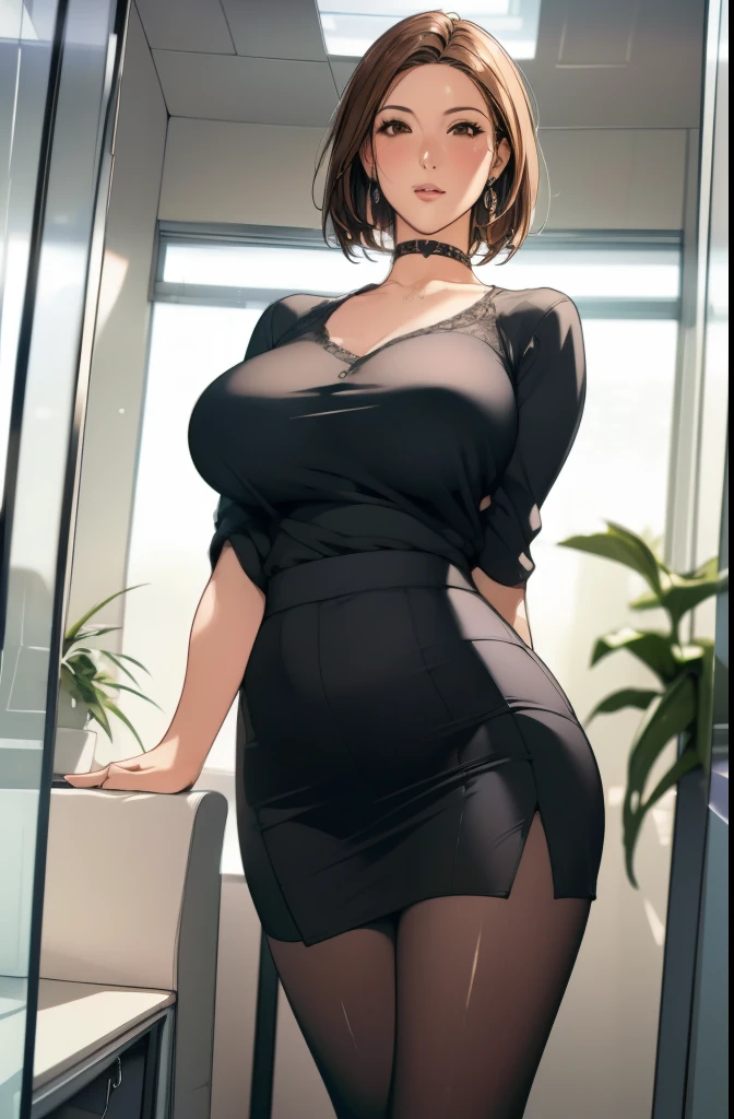 a woman in the office room, a white wall, a grey table, plants, window, sexy poseasterpiece))), ((best quality)), ((intricate detailed)), ((Hyperrealistic)), absurd res, milf, mature woman, perspective, highly detailed, illustration, 1girl, ((big breasts)), perfect hands, detailed fingers, beautiful detailed eyes, short hair, brown eyes, CEO, (business outfit:1.2), open office shirt, tight skirt, black choker, earrings, stockings, detailed background, bedroom, perfect eyes, seductive eyes, looking at the viewer, from below