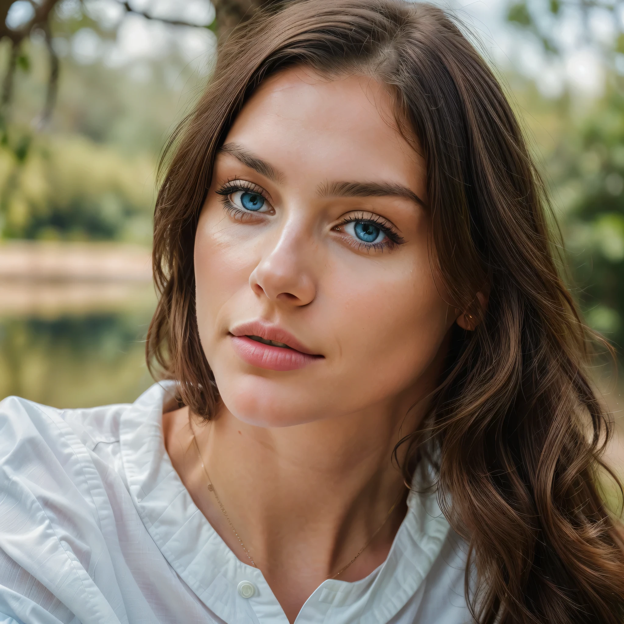 ((25 years old stunningly beautiful woman, innocent face, blue eyes, detailed eyes detailed skin, realistic skin texture)), ((medium bust,  perfect fit body)), ((beautiful brunette with blond reflections)), high resolution, masterpiece, best quality, intricate details, highly detailed, sharp focus, professional, 4k, charming smile, shot on Canon, 85mm, shallow depth of field, kodak vision color, extremely detailed, foto_\(ultra\), photorealistic, realistic, post-processing, maximum detail, roughness, real life, ultra realistic, photorealism, photography, 8k uhd, photography INFO very detailed,  ((Full shot, full body portrait, Trees can be seen in the distance, She wears a white blouse and shorts, A hot summer day, Portrait to the hips, is looking at the camera))