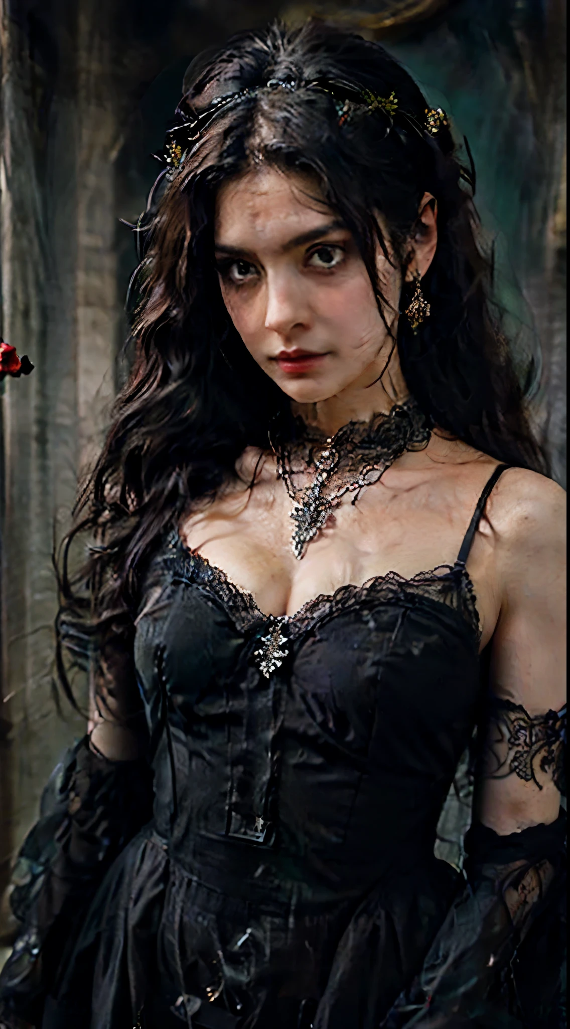 Fine Art Portrait,Gothic,A woman dressed in a voluminous black gown with lace detailing and ornate gothic jewelry,encased in a transparent giant crystal bubble,floating amidst a dark,ethereally styled studio backdrop,surrounded by deep purple,red,and maroon roses with slight accents of black,Gothic atmosphere instilled with a sense of mystery and enchantment,Deep focus technique to capture the intricate details of the jewelry and the textures of the petals,fine art,fantasy,gothic,woman,crystal bubble,roses,gothic jewelry,dark atmosphere,ethereal,by cher