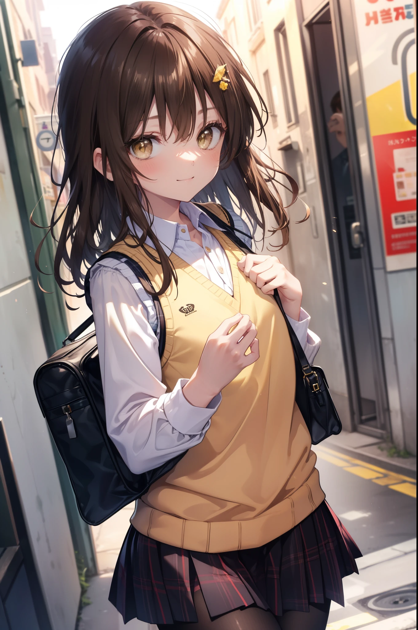 Follow Us, food yuuki, (brown eyes:1.7), brown hair, hair ornaments, hair Scrunchie, long hair, pink Scrunchie, Scrunchie, (flat chest:1.2),smile,blush,
break green skirt, plaid, plaid skirt, sainan high school uniform, school uniform, skirt, shirt, white shirt, sweater vest, (yellow sweater vest:1.5),black pantyhose,brown loafers,walking,student bag,On the way to school,morning日,morning,
break looking at viewer　peeping from above, whole body,(cowboy shot:1. 5)
break outdoors, In town,building street,
break (masterpiece:1.2), highest quality, High resolution, unity 8k wallpaper, (figure:0.8), (detailed and beautiful eyes:1.6), highly detailed face, perfect lighting, Very detailed CG, (perfect hands, perfect anatomy),