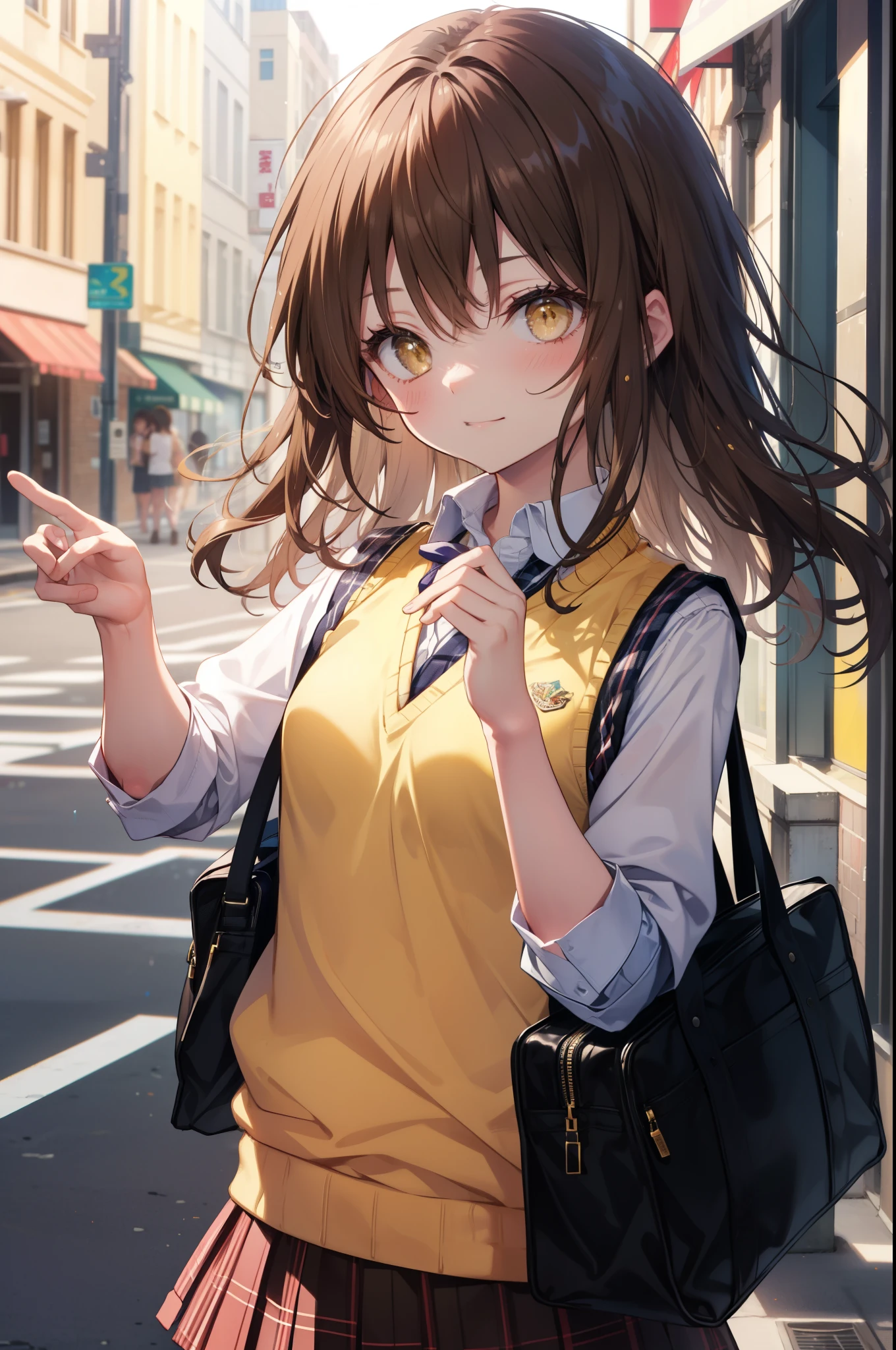 Follow Us, food yuuki, (brown eyes:1.7), brown hair, hair ornaments, hair Scrunchie, long hair, pink Scrunchie, Scrunchie, (flat chest:1.2),smile,blush,
break green skirt, plaid, plaid skirt, sainan high school uniform, school uniform, skirt, shirt, white shirt, sweater vest, (yellow sweater vest:1.5),black pantyhose,brown loafers,walking,student bag,On the way to school,morning日,morning,
break looking at viewer　peeping from above, whole body,(cowboy shot:1. 5)
break outdoors, In town,building street,
break (masterpiece:1.2), highest quality, High resolution, unity 8k wallpaper, (figure:0.8), (detailed and beautiful eyes:1.6), highly detailed face, perfect lighting, Very detailed CG, (perfect hands, perfect anatomy),