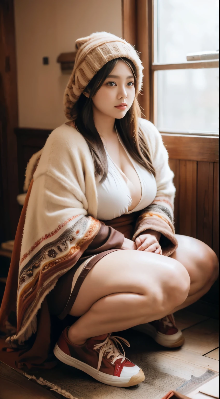 there is a woman sitting down with a longest brown hair, bbwchan, thicc, brown hijab outfit, brown hairstyle model, korean girl, korean woman, wearing brown robe, full length shot, alluring plus sized model, japanese goddess, clothed in hooded, voluptuous and arousing, portrait shot, curvy model, voluptuous body, wonderful, nene tanaka body , bbwchan, The overall atmosphere is smooth , haunting illustrations, extremely high-resolution details, photographic, realism pushed to extreme, fine texture, 4k, ultra-detailed, high quality, high contrast, red sneakers , cold atmosphere ,, cold atmosphere