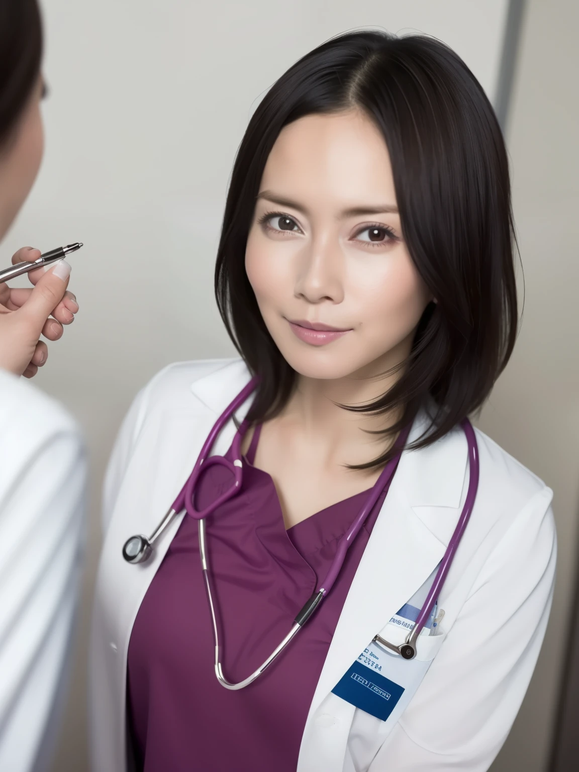 (RAW photo, highest quality),masterpiece, Natural light, 1 girl, wear a lab coat over a scrub, Hospital examination room, Stethoscope,face close-up