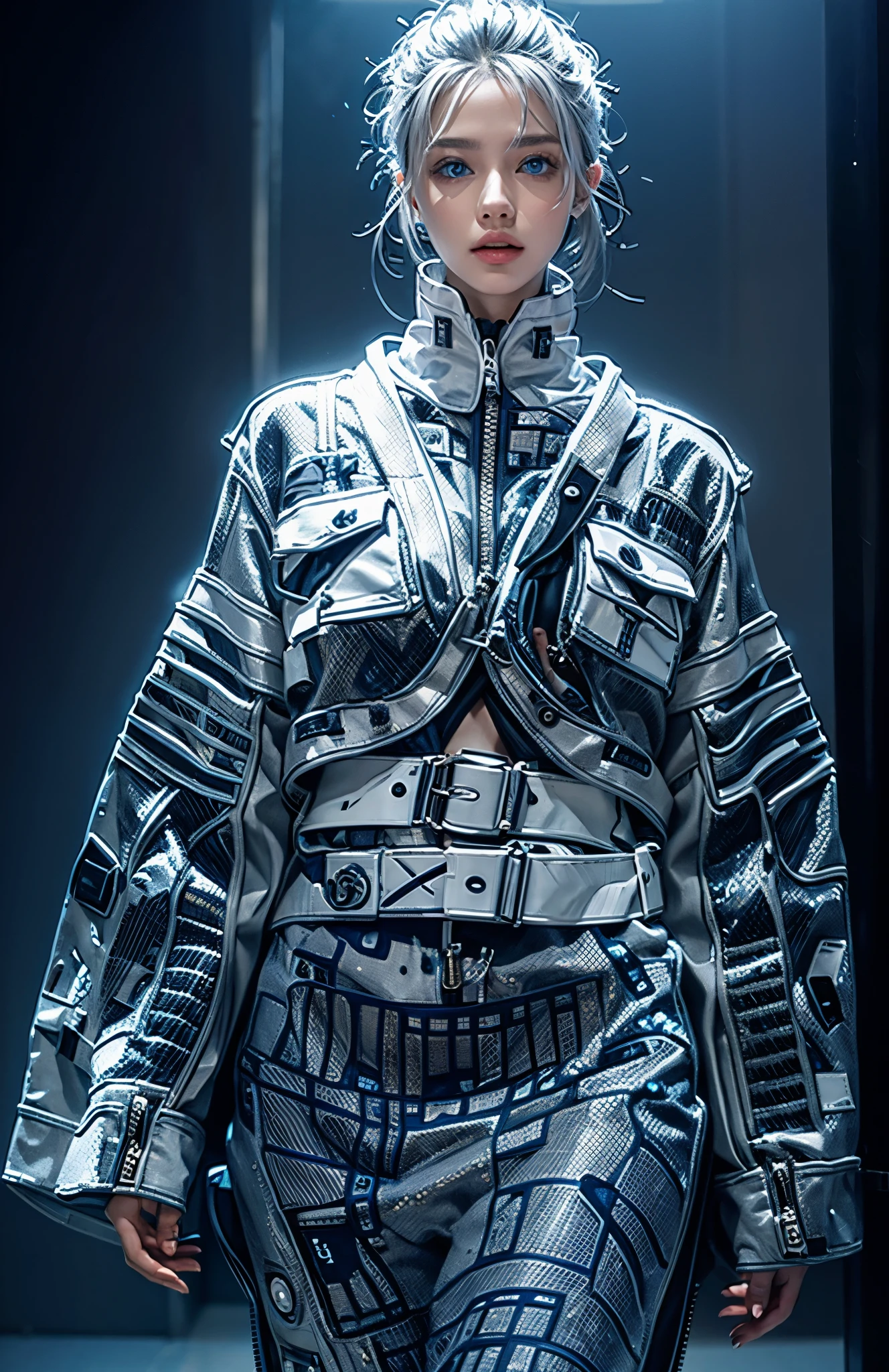 futuristic fashion show, Beautiful and cute perfect model, , High-tech catwalks，simple Cyber casual skirt, Spring collection, (gray hair, blue eyes:1.2),