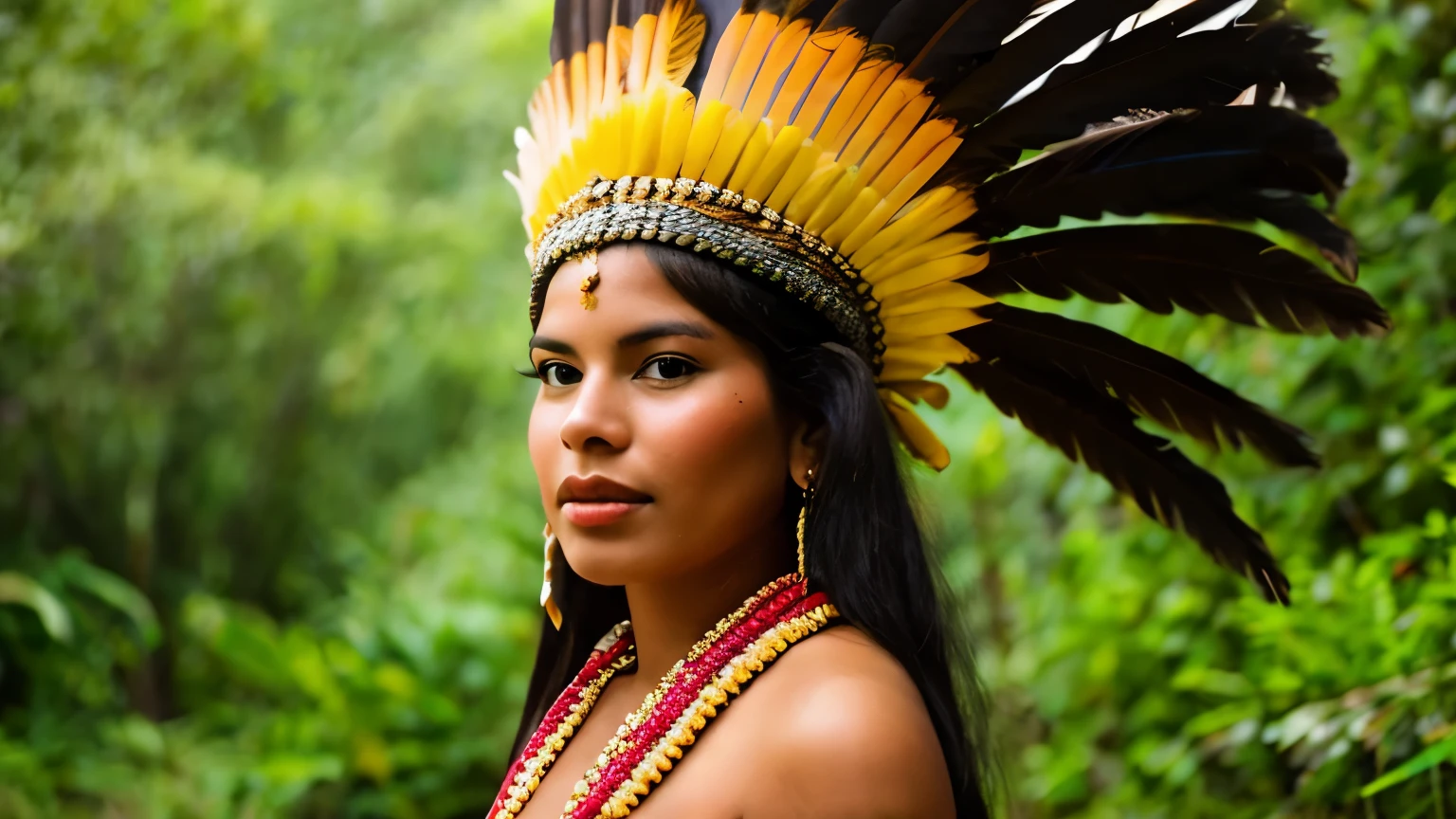 (((SFW))). ((RAW photo, Best quality)), (Realistic, photo-realistic:1.4). On River, A beautiful indigenous girl in native dress with feathers and feathers on her head, (((tribal Painting face))), Full indigenous clothes. amazon indian peoples in brazil, beautiful young female brazilian Native girl, paint face, Hot Body, Yanomami Indian in typical costumes,High quality. Amazonia forest and river Background, sunbeams. vivid colors, cinematic lighting.