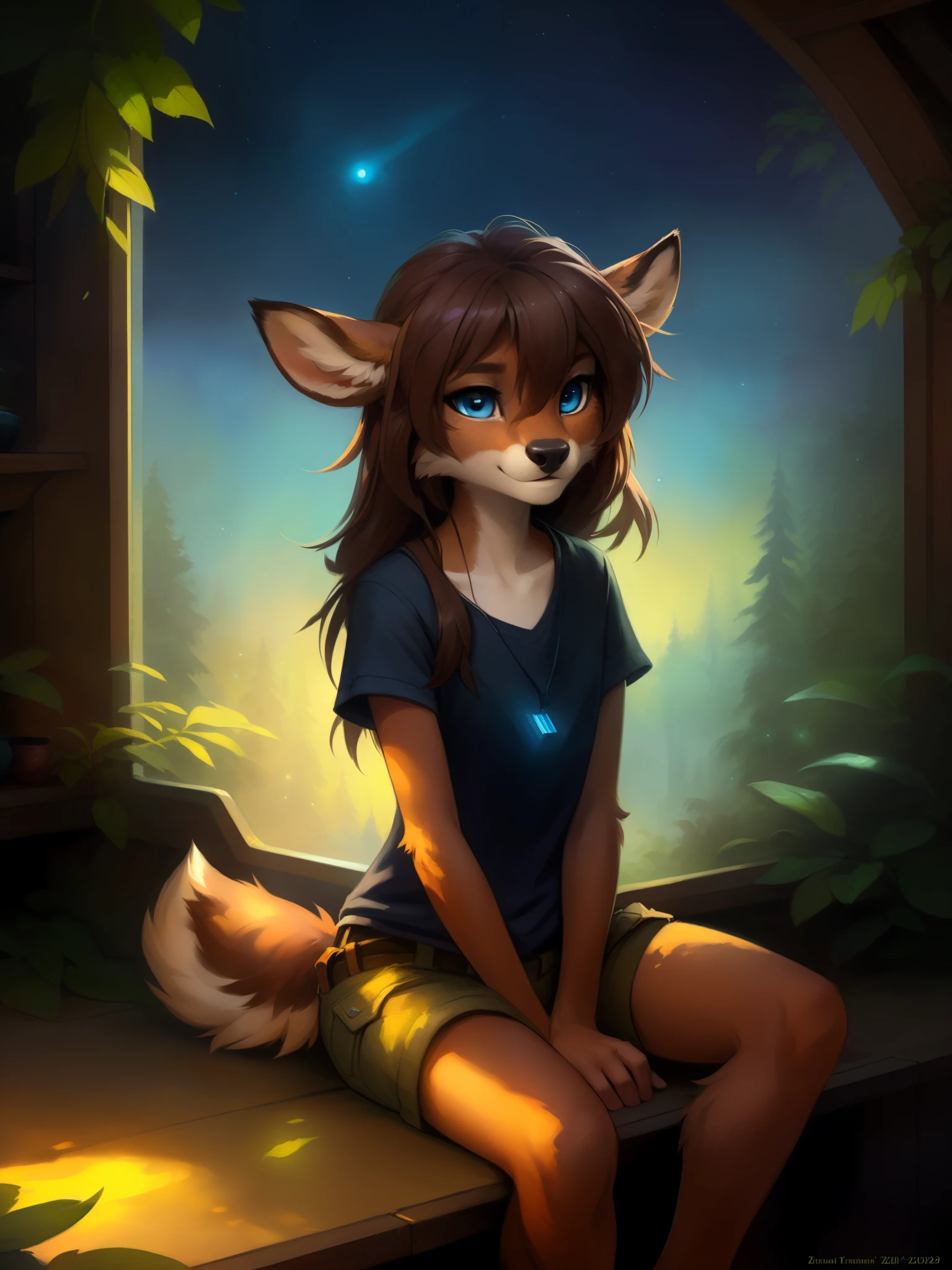 uploaded the e621, beautiful and detailed portrait of a (((female))) small very young solo teenage young anthro female deer doe with with small hips and a skinny body and ((clear navy blue eyes)), ( small legs and hips :1.5), small pelvis, Slim waist, wearing cargo pants and a shirt, sitting on a window sims, staring out into an alien planet with glowing plants and bioluminescent trees at midnight , long brown hair, kenket, Ross Tran,ruan jia, uploaded to e621, zaush, foxovh, zenematic lighting, deer,full body, deer tail, day, beautiful, messy hair, brown hair, 1girl, solo, night, smiling shyly, detailed,hair covering eyes, black and brown hair, long hair floating in the wind, beautiful, (sublime: 1.0), (Extremely sensitive: 1.0),