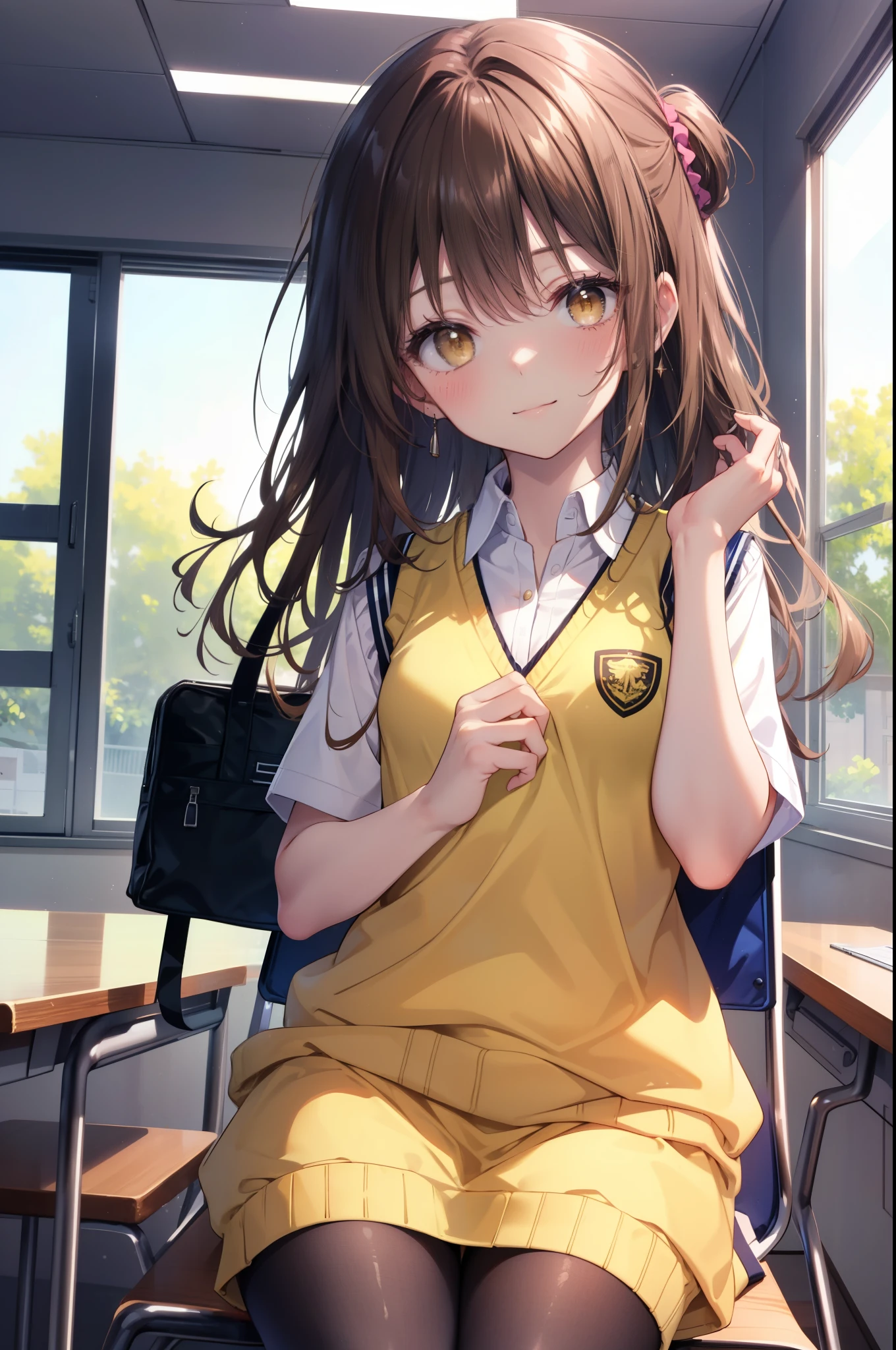 Follow Us, food yuuki, (brown eyes:1.7), brown hair, hair ornaments, hair Scrunchie, long hair, pink Scrunchie, Scrunchie, (flat chest:1.2),smile,blush,
break green スカート, plaid, plaid スカート, sainan high school uniform, school uniform, pleated skirt, shirt, white shirt, sweater vest, (yellow sweater vest:1.5),black pantyhose,brown loafers,legs sitting on a chair,There is a textbook on the desk,morning日,morning,
break looking at viewer peeping from above, whole body,(cowboy shot:1. 5)
break indoors, classroom,
break (masterpiece:1.2), highest quality, High resolution, unity 8k wallpaper, (figure:0.8), (detailed and beautiful eyes:1.6), highly detailed face, perfect lighting, Very detailed CG, (perfect hands, perfect anatomy),