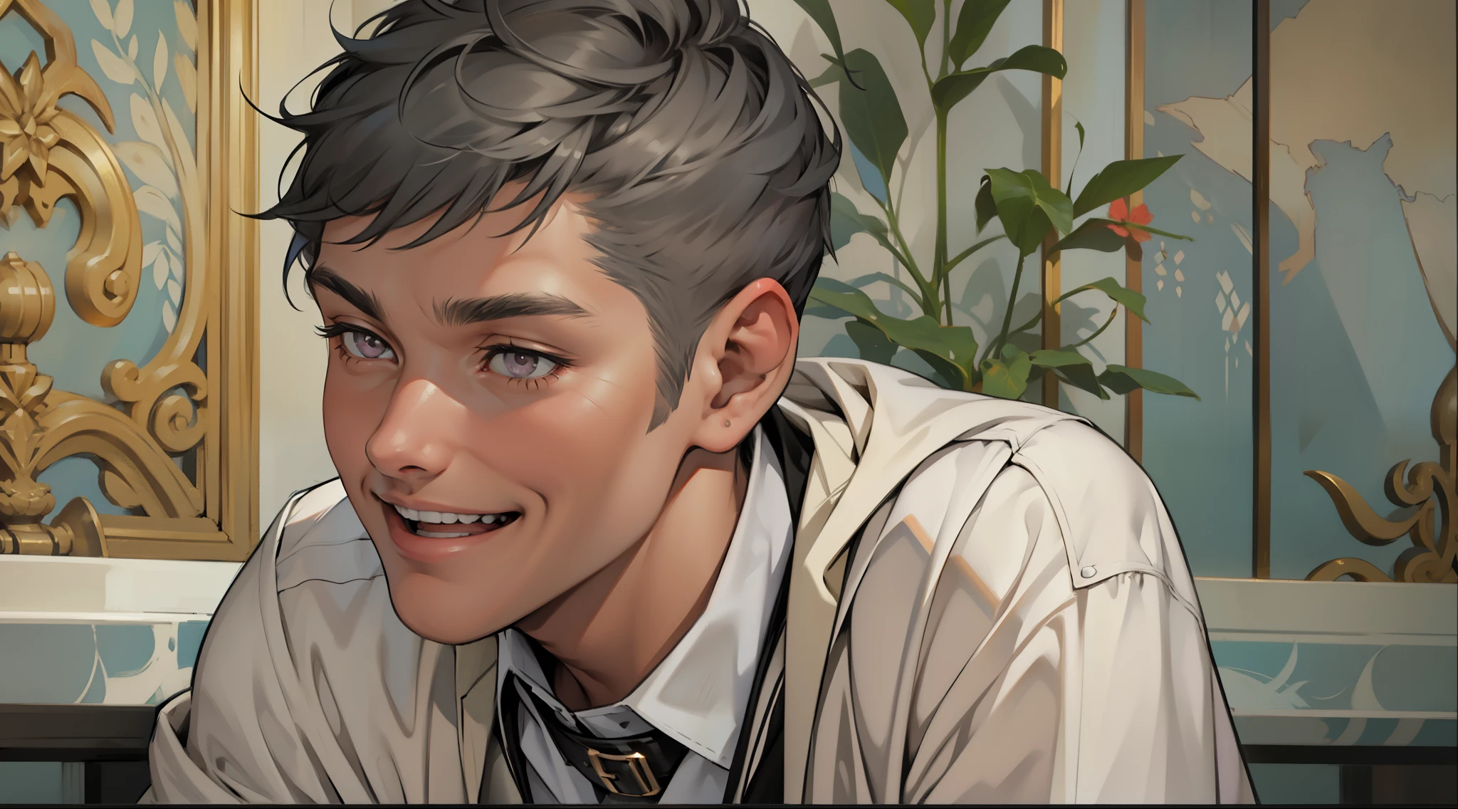 There is a handsome 18-year-old boy with short silver hair and silver eyes who is laughing at something he just heard and doesn't believe.
