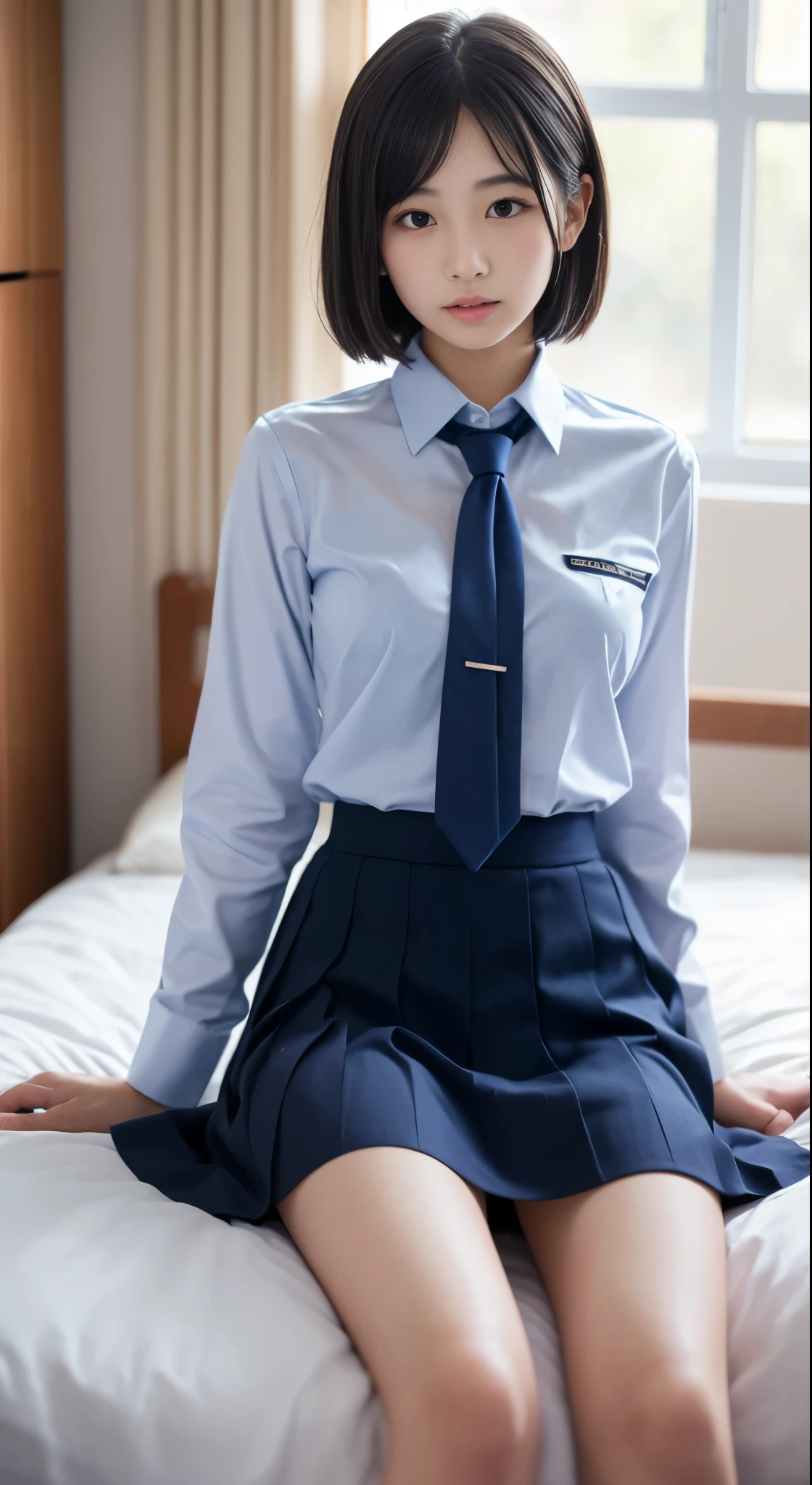 japanese girl,  girl, short hair, black hair, brown eyes, perfect figure, Transparency, modest chest, school uniform, navy blue tie, navy blue skirt, light blue shirt, idol sculpture, bed, sleep, spread legs, upright,