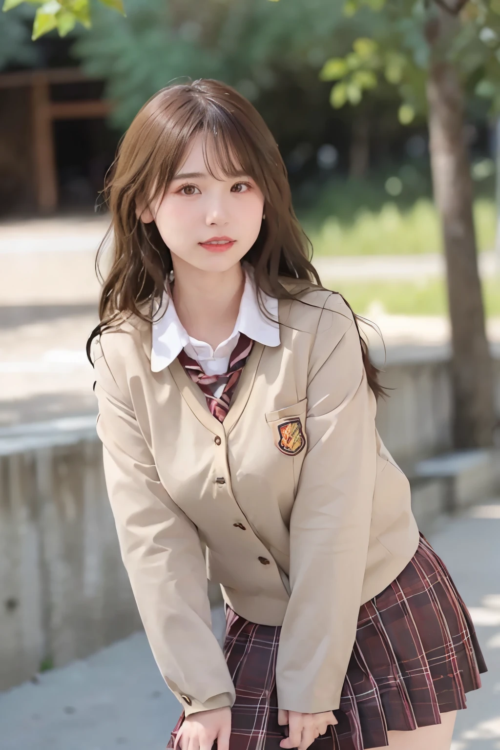 (((whole body))),(((Are standing:1.3))),「(((school uniform)))」,gal,Idol,gravure,ultra high resolution, film grain, movie, 1 girl, looking at the viewer, natural skin texture, Realistic eye and face details, full lips, lipstick, (compensate), ((red eyeshadow)), looking at the viewer(camera),8k, japanese girl, 1 girl, perfect face, perfect body, perfect fingers, 完璧な二本feet, big smile,(((very big eyes))),double eyelid,height: 150cm,soft expression,20-year-old,,small face,fluffy long hair, messy hair, beautiful feet, short woman, slim_feet, alone, huge breasts, blurred background,brown hair, , bangs, parted lips, lips, Depth of written boundary,