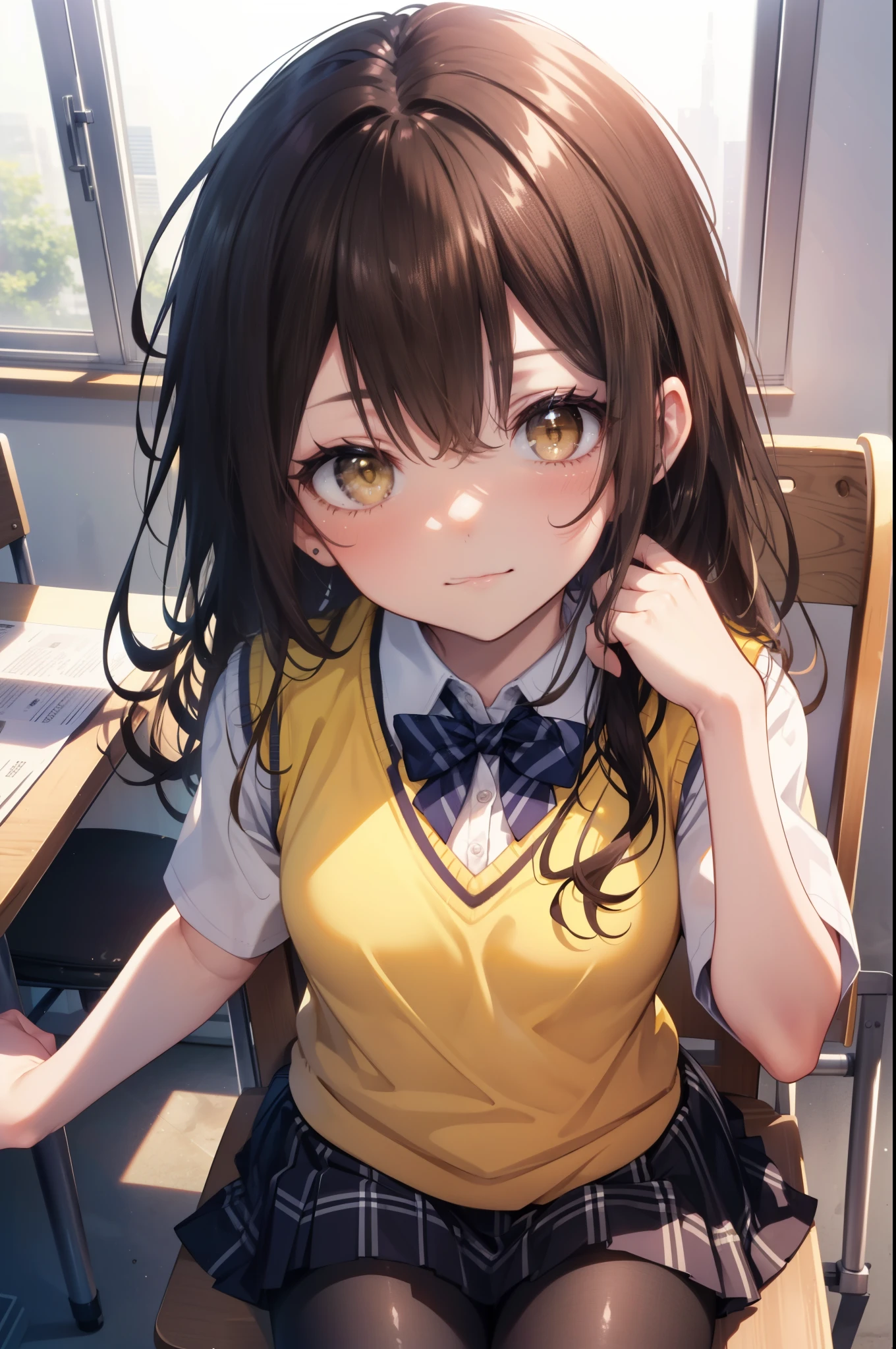 Follow Us, food yuuki, (brown eyes:1.7), brown hair, hair ornaments, hair Scrunchie, long hair, pink Scrunchie, Scrunchie, (flat chest:1.2),smile,blush,
break green スカート, plaid, plaid スカート, sainan high school uniform, school uniform, pleated skirt, shirt, white shirt, sweater vest, (yellow sweater vest:1.5),black pantyhose,brown loafers,legs sitting on a chair,There is a textbook on the desk,morning日,morning,
break looking at viewer　peeping from above, whole body,(cowboy shot:1. 5)
break indoors, classroom,
break (masterpiece:1.2), highest quality, High resolution, unity 8k wallpaper, (figure:0.8), (detailed and beautiful eyes:1.6), highly detailed face, perfect lighting, Very detailed CG, (perfect hands, perfect anatomy),