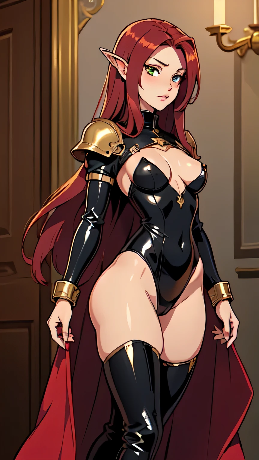 succubus clad in formfitting black latex uniform adorned with shiny gold accents, Her voluptuous hourglass figure, heavy armored breastplate and matching thigh-high boots she wore, Long flowing crimson hair, ivory skin, emerald eyes, ((small breasts:1.3))