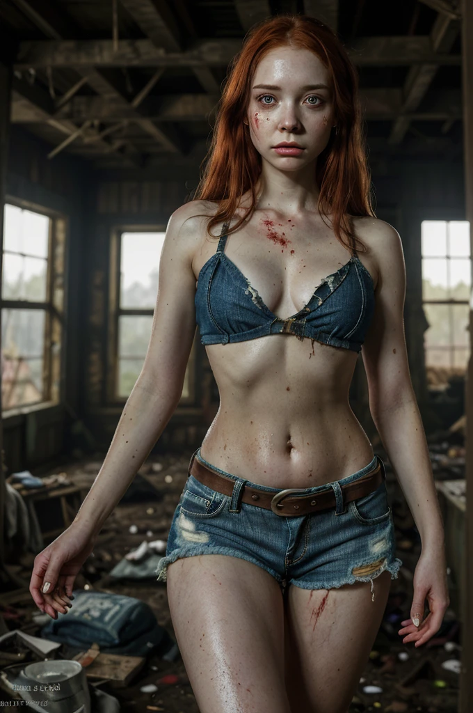 (Best Quality, 8K, hight resolution, Masterpiece:1.2), Ultra-detailed,(Realistic,Photorealistic,photo-realistic:1.37), Dark background, terrific,distressed,disturbing,destruction,degeneration,catastrophe,Dark atmosphere,Broken glass,Broken items,Ghostly Shadows,Unsettling Darkness, strong emotions and facial expressions,water eyes,trembling lips,frightened look,hunched posture, hyper real photo of ((fearless Pirate Katie beautiful young woman solo inside a cluttered barn full of zombies wearing worn-out torn cotton croptop dirty stained with blood and denim shorts)), ((skinny body)), very tattered clothing, post-apocalypse setting of Dark Mean City, escapes from the pursuit of a scary zombie, abs, scar, goosebumps, frightened expression, ((detailed realistic face and eyes)), ((Emily Bloom, red hair, dirty skin)), (Emily Bloom plays Katie from DarkMean City), cinematic lighting, 8k resolution, (full body shot), ((old leather belt)), red sunset, (from_below:1.4), soft small covered by (ripped torn cotton tanktop dirty), natural and small breasts, (five perfect fingers on each hand), (close hand ready to fight), (short nails), ((perfect belly button))
