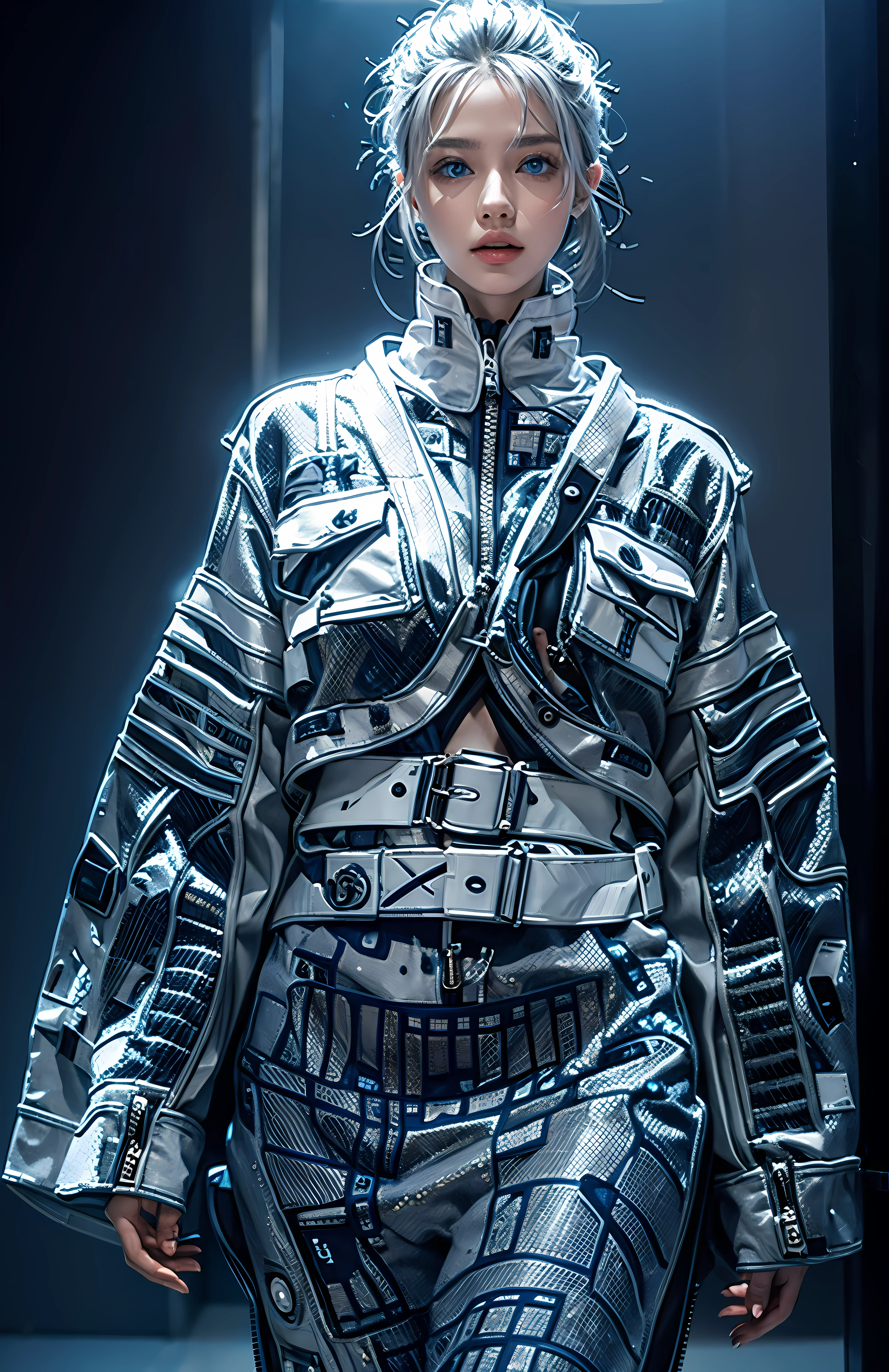 futuristic fashion show, Beautiful and cute perfect model, , High-tech catwalks,simple Cyber casual skirt, Spring collection, (gray hair, blue eyes:1.2),