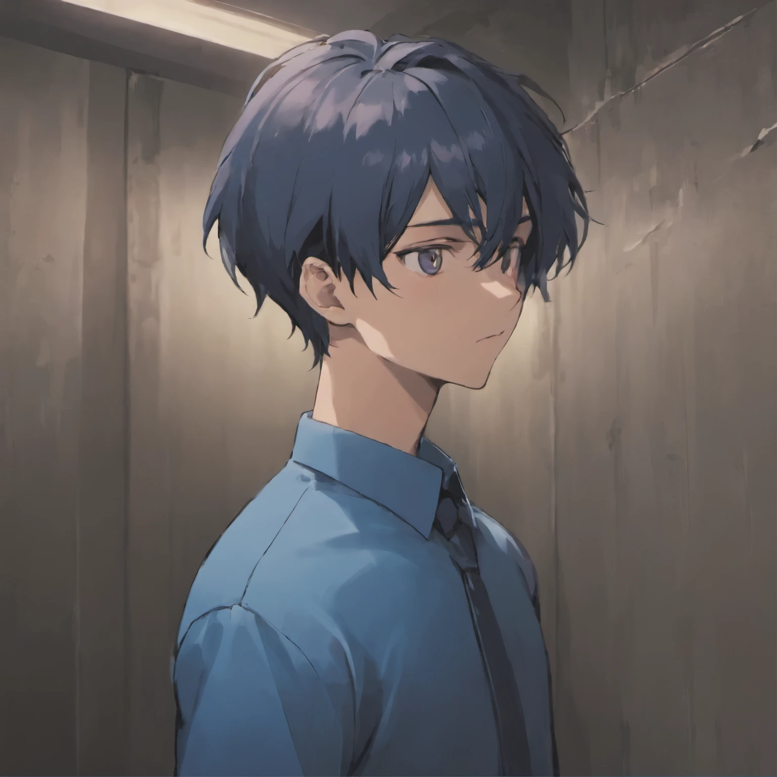 photo of an Indonesian ager 18 years old wearing a dark blue classic shirt standing in front of a wall, he has big adam's apple, handsome face, jawline and cheekbones stand out, white skin