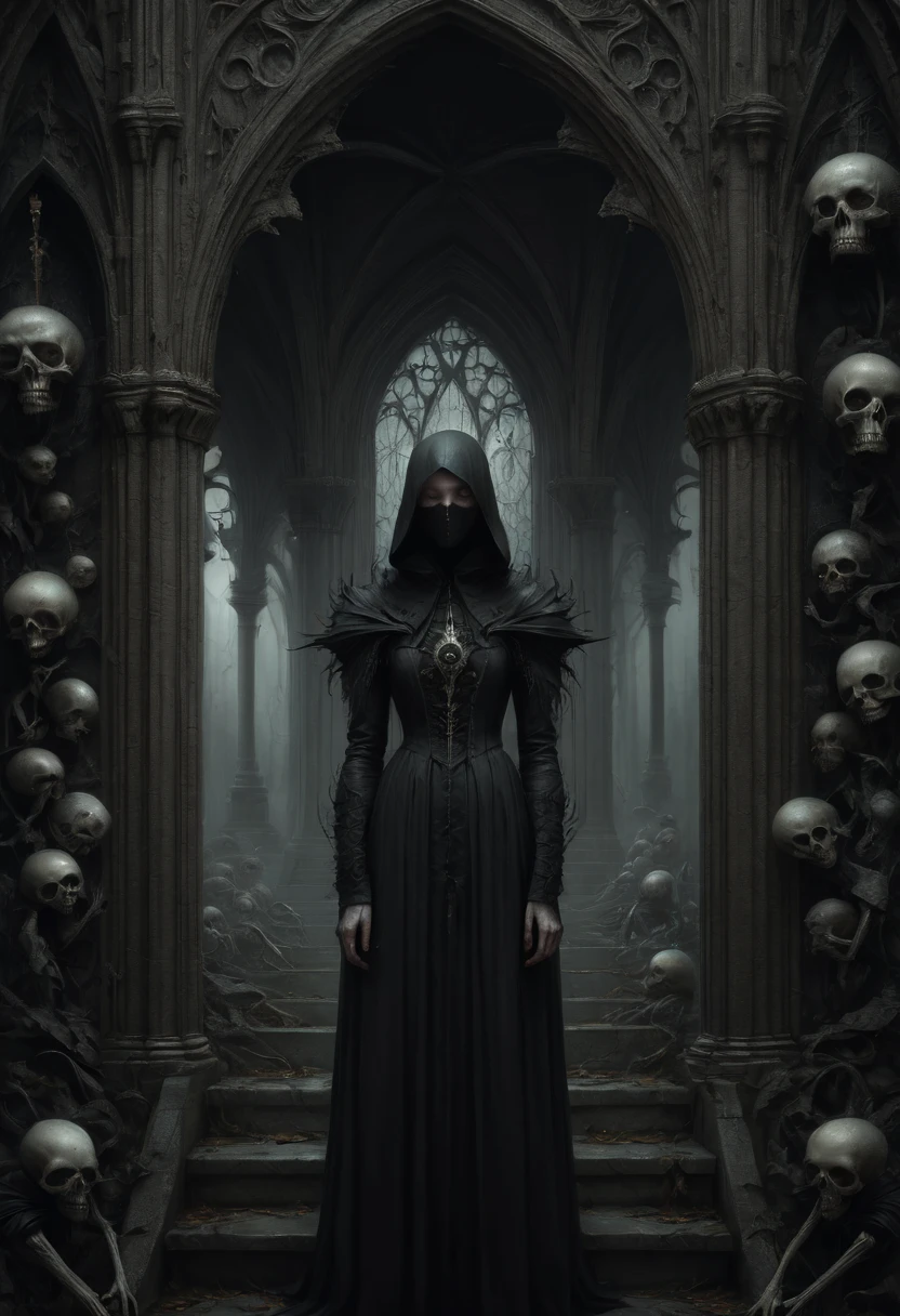Tall old strong yet slim queen in a decrepit and old full body metallic ornamental magic armor with blue lights, with a fully enclosed knight helmet, (((dark black void for a face))), long white unkept hair, standing in the middle of a destroyed and abandoned throne room at night, (((in the dark))), ((moon light)), full body, ((((no face)))), ((((faceless))))