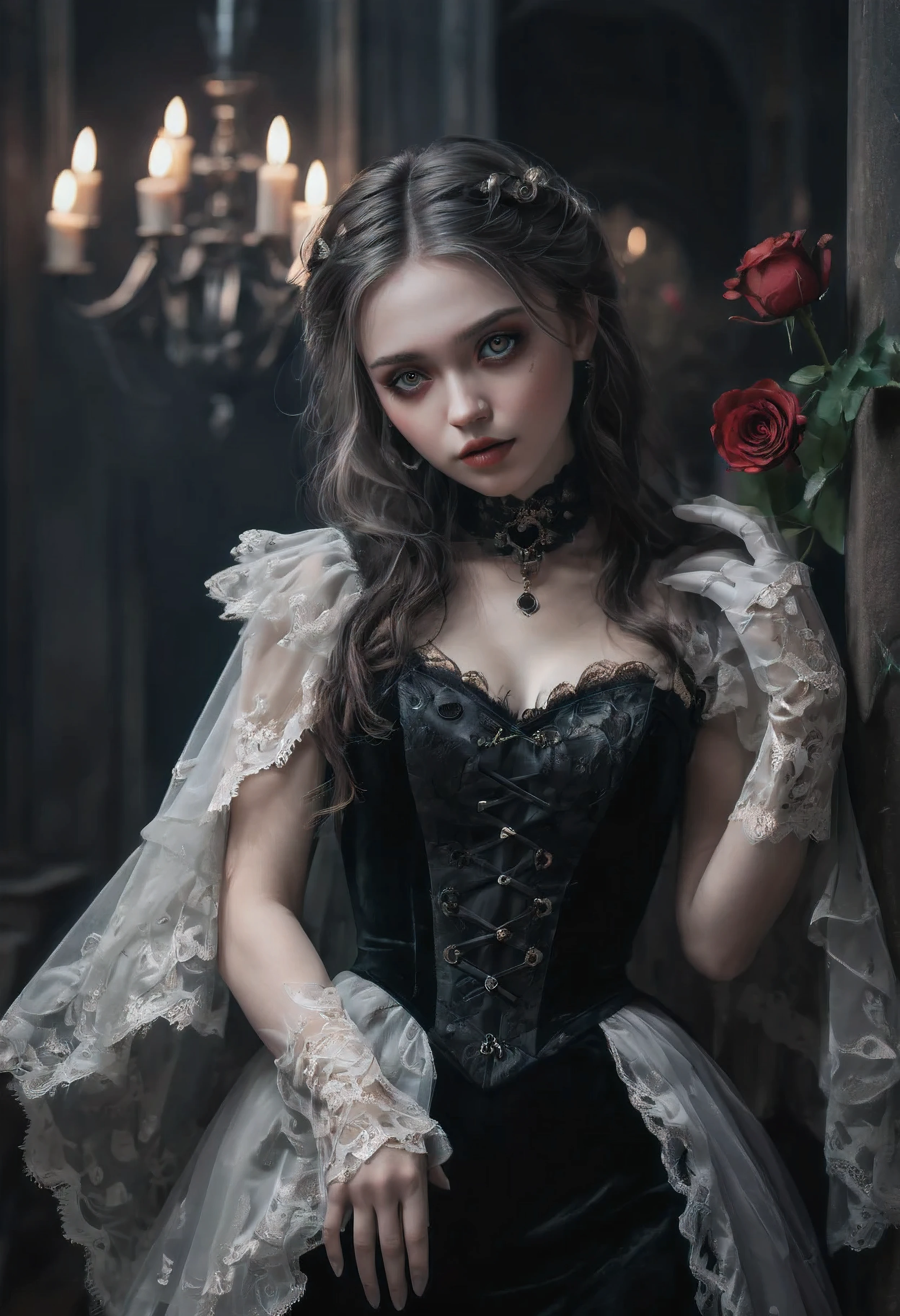 (Masterpiece in maximum 16K resolution:1.6), (intricate detail:1.4), (extremely insane detail:1.4),(highest quality:1.3),(Hyper_realistic:1.3). | ((Soft_color_tones):1.3), dark color palette, soft and diffused lighting. | A girl in gothic fashion, intricate lace dress, dark makeup, mysterious atmosphere, dramatic lighting, gothic architecture, hauntingly beautiful, red rose, silver jewelry, flowing black hair, ethereal mist, candlelit room, old-fashioned charm, Victorian aesthetics, black velvet, elegant choker, pale complexion, intense gaze, leather boots, moody atmosphere, eerie ambiance, elaborate headpiece, intricate embroidery, lace gloves, candlesticks, ornate details, dramatic poses, whispered secrets, enchantingly dark, feathered cape, shadowy corners, hauntingly romantic, gloomy elegance, macabre beauty, moonlit night, gothic romance. | (A pretty female ):1.3), | She is adopting a ((dynamic_pose as interacts, boldly moving a exciting way):1.3), ((perfect_pose)), ((perfect_pose):1.5), (((full body))), ((perfect_fingers, better_hands, perfect_hands, perfect_legs)), ((perfect_fingers, better_hands, perfect_hands, perfect_legs):0.7), (((More_Detail))).