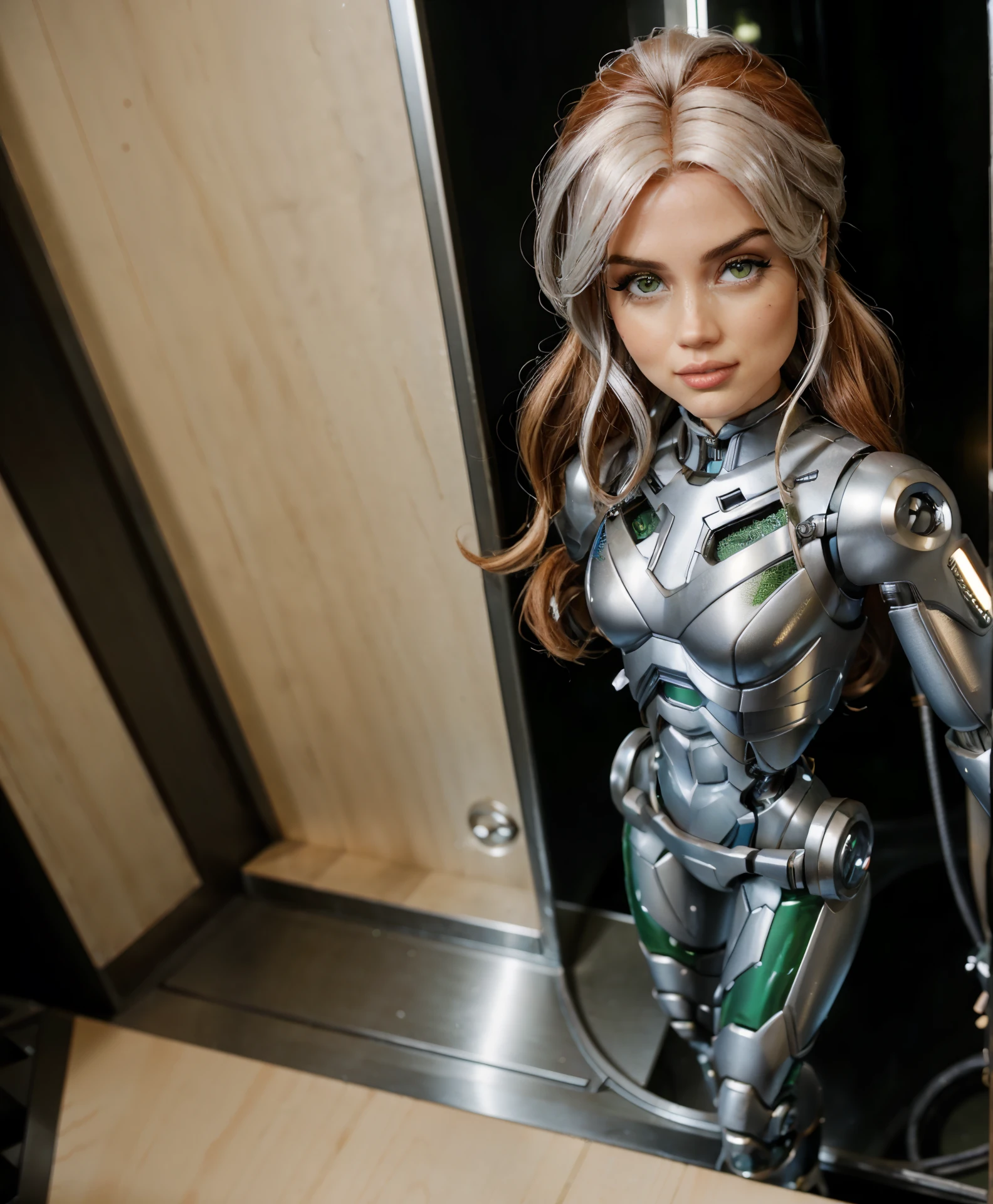 southern belle, rogue, redhead, robot woman, rogue from x-men hair, em um terno futurista com fones de ouvido barbie ciborgue, Robot Girl, perfect android girl, cyber suit, linda mulher andróide a close up of a person wearing a robot costume, inspired by hajime sorayama, trending on cg society, portrait of barbie doll, full body pov, portal, europe, cosplay photo