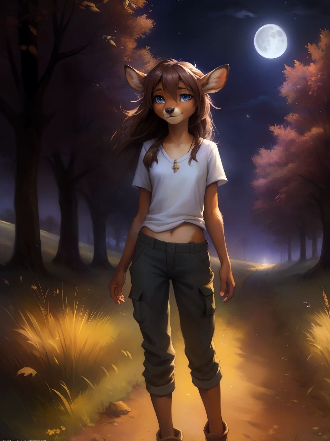 uploaded the e621, beautiful and detailed portrait of a (((female))) small very young solo teenage young anthro female deer doe with with small hips and a skinny body and ((clear navy blue eyes)),  ( small legs and hips :1.5), small pelvis, Slim waist, wearing cargo pants and a shirt, standing on a dirt road with rural electric pole at night. Moon in the sky, rural town very far in the distance, tree on the side, little brook, darker picture, purple and blue, wheat field , long brown hair,  kenket, Ross Tran,ruan jia, uploaded to e621, zaush, foxovh, zenematic lighting, deer,full body, deer tail, day, beautiful, messy hair, brown hair, 1girl, solo, night, smiling shyly, detailed,hair covering eyes,  black and brown hair, long hair floating in the wind, beautiful, (sublime: 1.0), (Extremely sensitive: 1.0), 