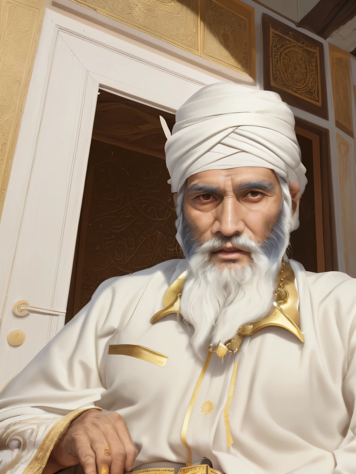 An old scholar, a masterpiece, top quality, best quality, official art, Gallant and majestic, realistic, Blurred background, Arab-Asian face, Persian, Arabic, Khan, mtu, Upper body effect, Long beard, age 80 years old, wearing a white turban typical of Gujarat, holding a qoran, wearing a gold robe, XIV century Gujarat nobleman, long white beard, Look directly into the lens, Cross-legged meditation, in the center, Very bright colors, Light particles, with shining light, Mshiv, wallpaper art, UHD wallpaper