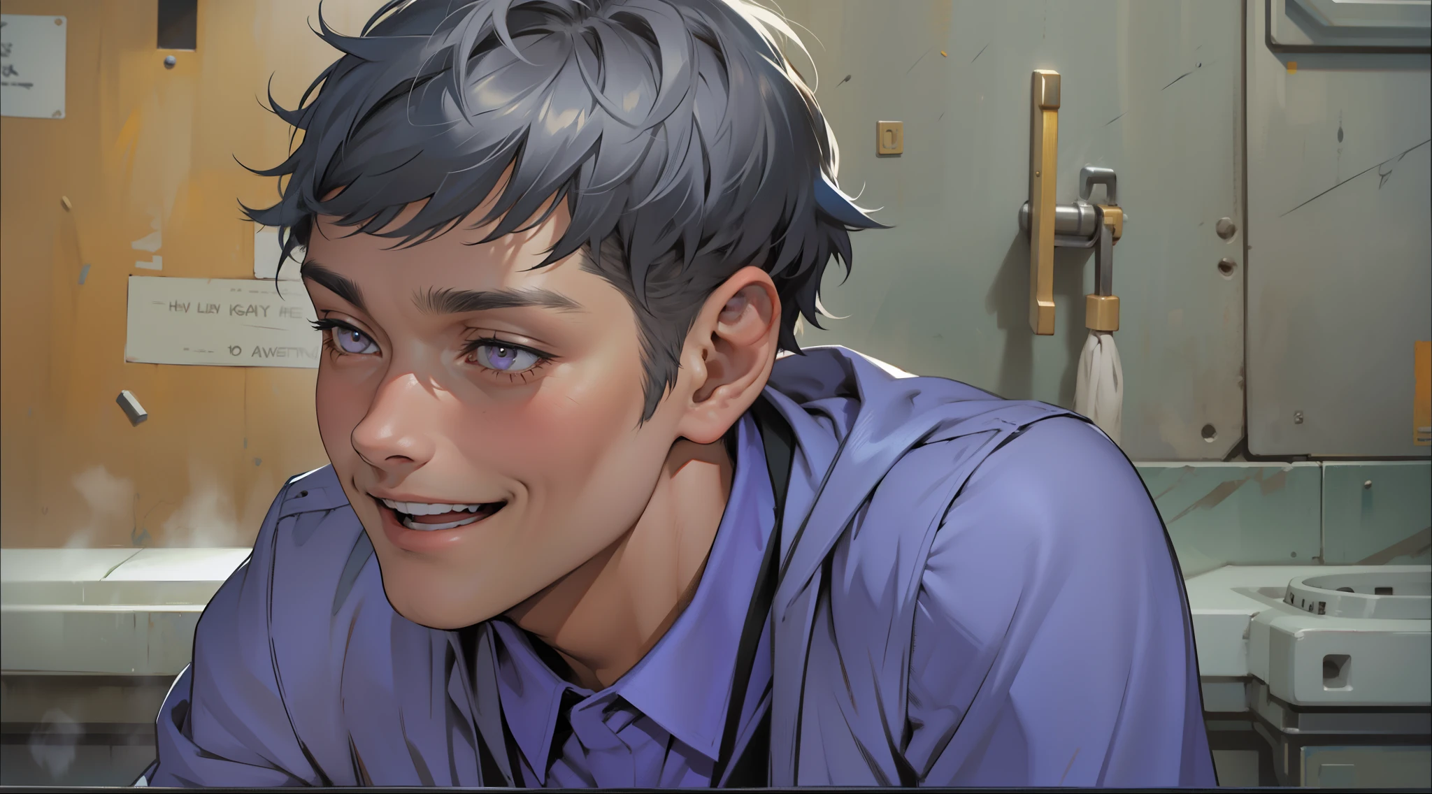 There is a handsome 18-year-old boy with short silver hair and silver eyes who is laughing at something he just heard and doesn&#39;t believe.
