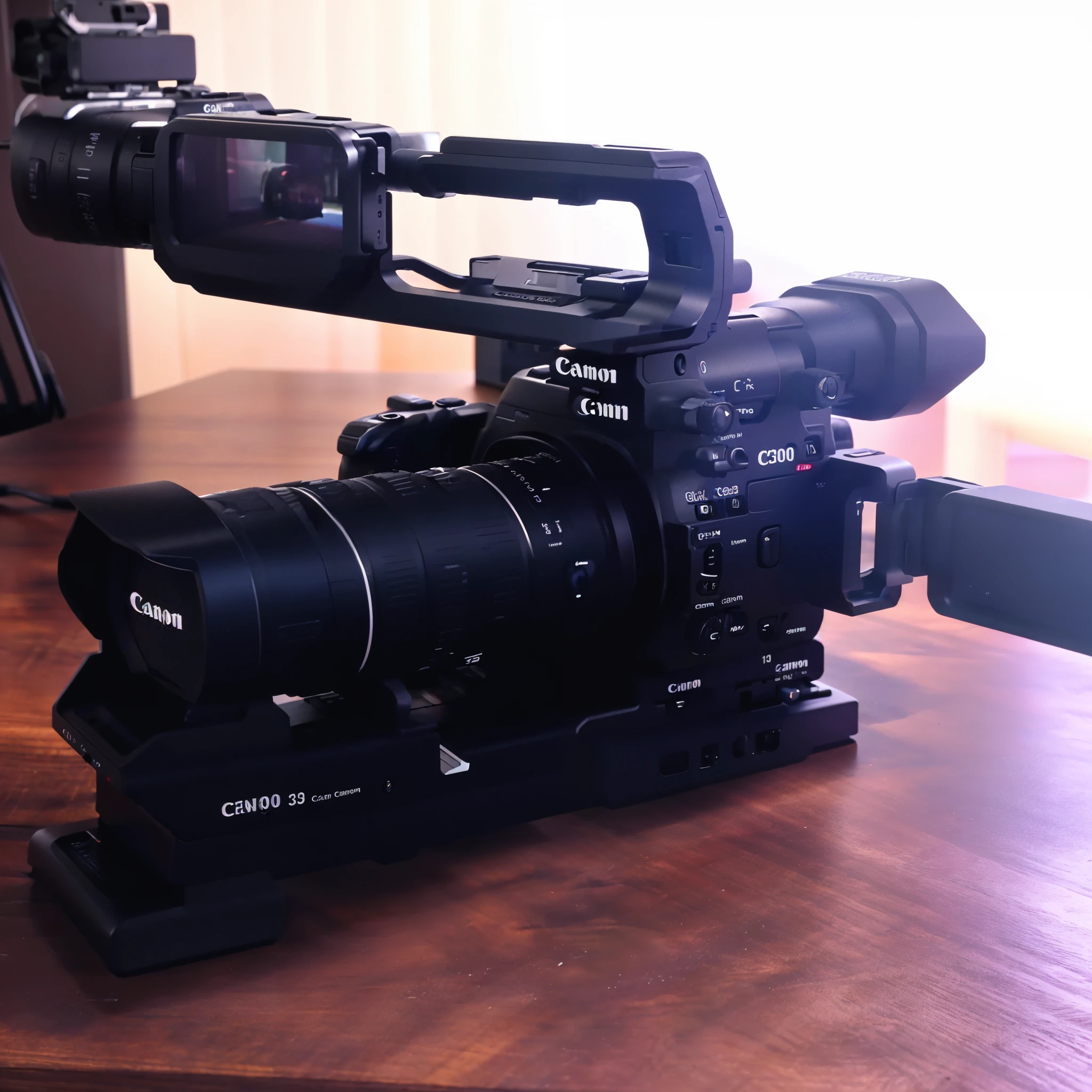 a close up of a camera on a table with a monitor, canon c300, canon eos c300, canon eos c 3 0 0, cinelux asa 100, cinelux asa 1 0 0, 8 k 1 5 0 mpx, dslr 1 5 mm, dslr 15mm, professional camera, cinematic wide shot