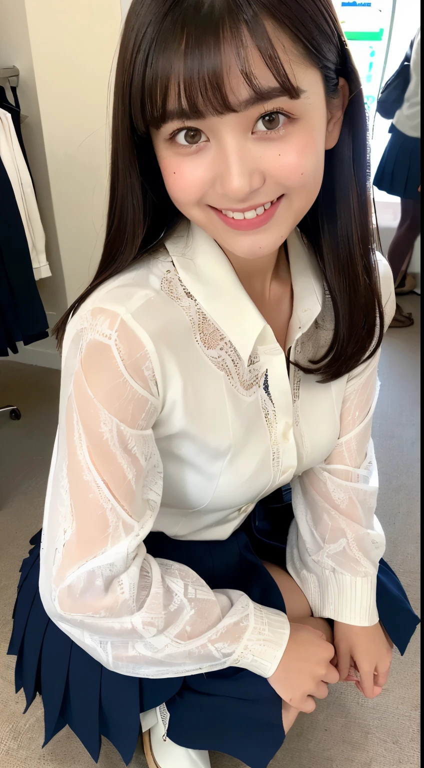 (best image quality、highest quality、highest resolution、be familiar with、real photos)、Beautiful and cute 17 year old high school girl、looking at camera、((dark brown straight hair、long hair、With bangs、Pin Clip Cream、smile))、((full body shot))、((Low - Angle))、(pretty toned body)、((simple white long sleeve blouse、Plain navy pleated mini skirt:1.2))、((The white blouse is open to the second button.:1.2))、((skirt lift))、((showing her white lace panties to the camera:1.2))、((Squat down and spread your legs wide:1.3))、((khaki cardigan、Short dark blue socks、black loafers))、((Taking a selfie with the smartphone in the left hand))、((crowded game center:1.2))、((I have many friends behind me))