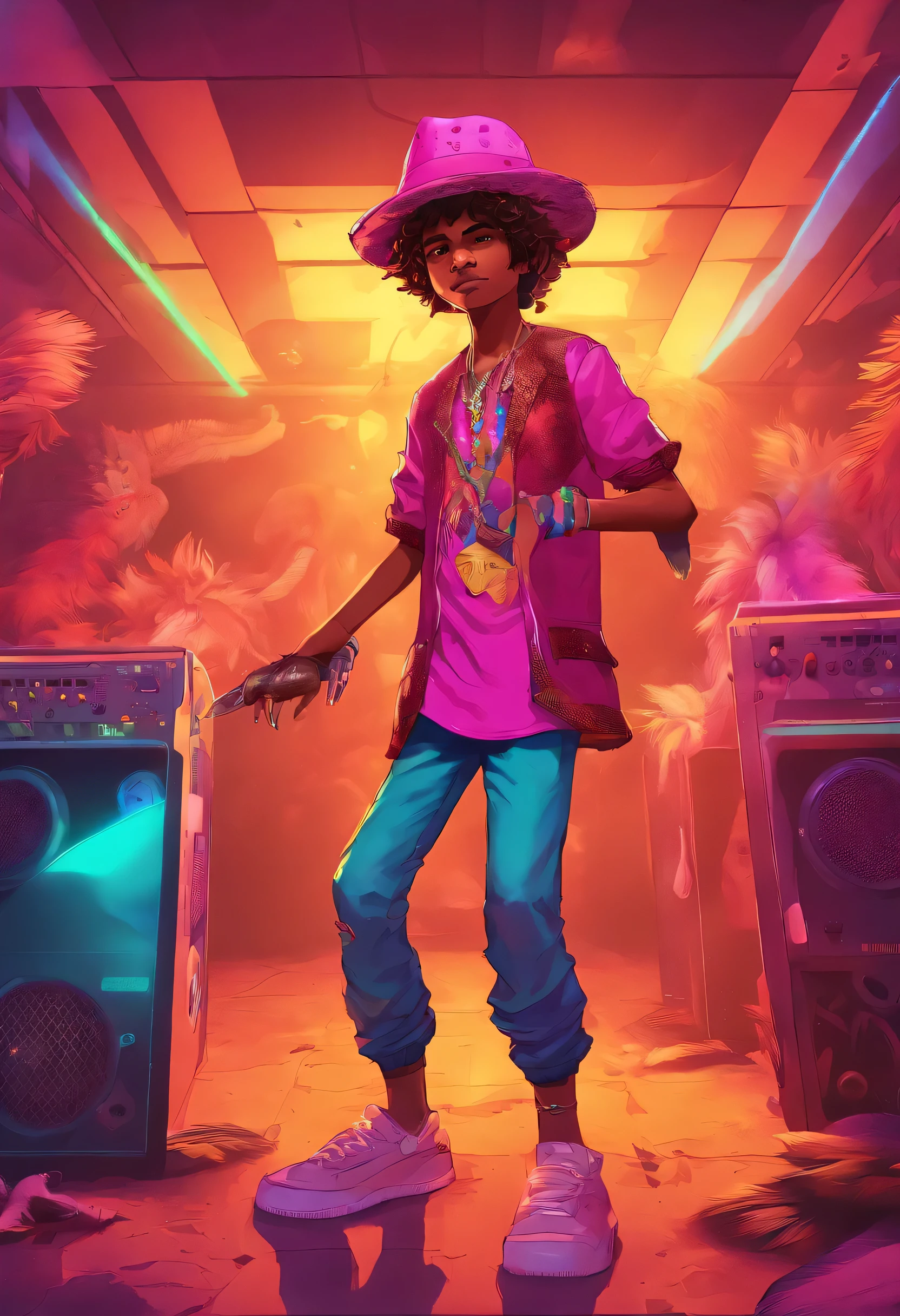 wearing a tunic with animal skins, long pants and a hat with feathers, in an underground music club full of percussion instruments fantasy, (full body shot), cinematic lighting, perfect composition, illustration, Generate Artwork , Glassmorphism