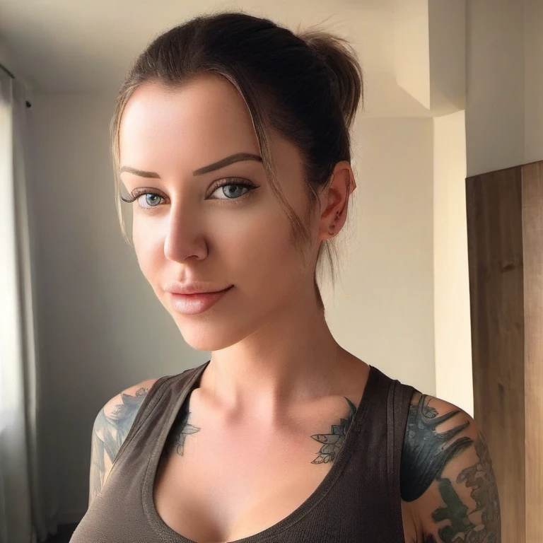 (masterpiece, best quality:1.2), 1girl, Act as a creative director and propose diverse photoshoot scenarios featuring Laurence Bedard in various settings, ensuring her full-body tattoo is prominently displayed in each shot.