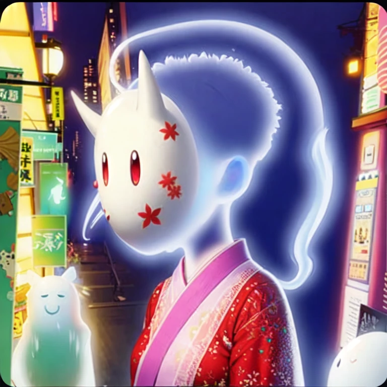a close up of a (((transparent ghost, ethereal figure, see-through apparition, faded spirit))) with a colorful mask , a character portrait inspired by Nara Yoshitomo, pixiv, sōsaku made, glowing colorful mask, omori, yume nikki, yoshitomo nara, discord profile picture, shikamimi, glowing spirit, soft blue light, detailed spectral illustration