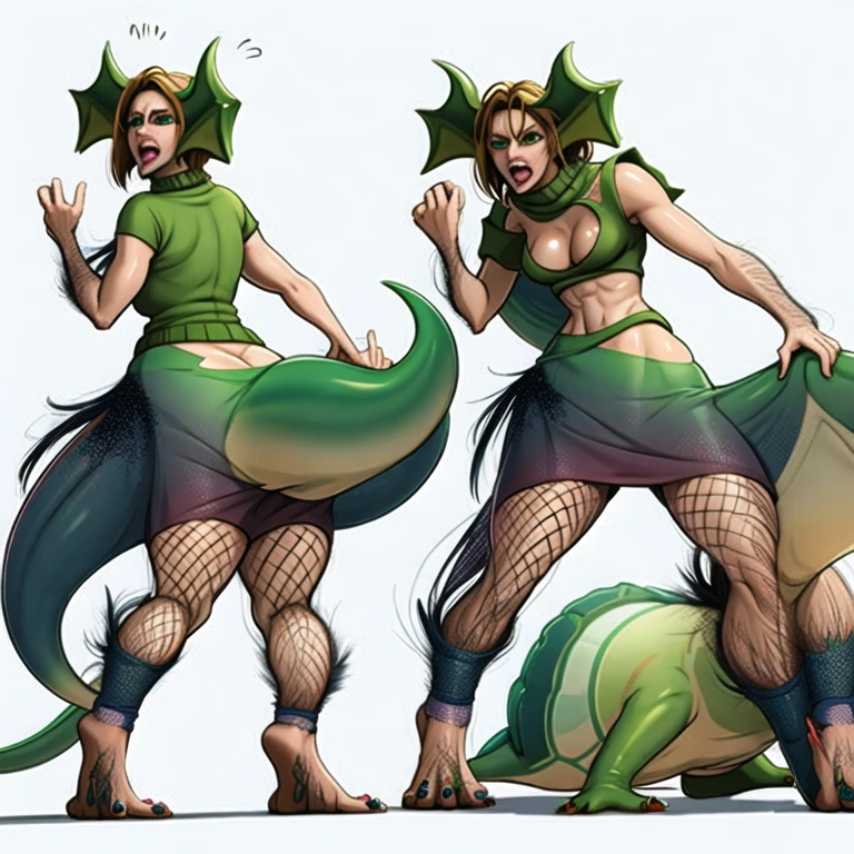 woman, transformation, dragon legs, dragon tail, human face, turtle neck sweater, fishnet skirt, clawed feet