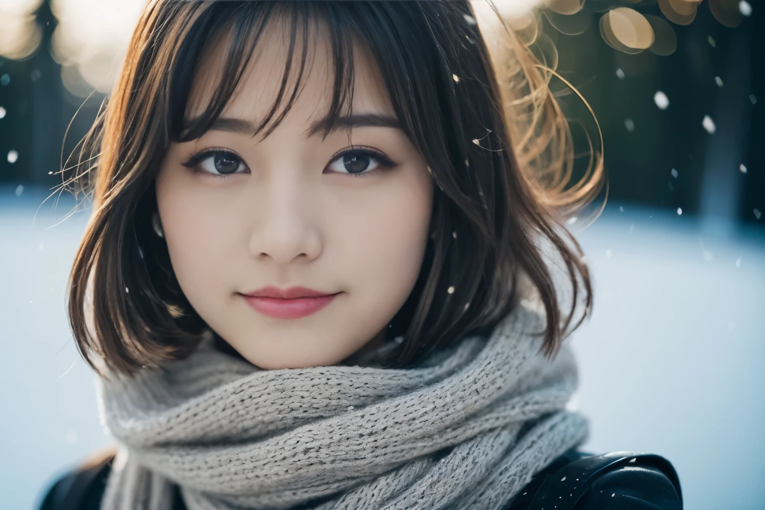 ((show only the face、close up of face))、(realistic、Photoreal、Super detailed、best detailed skin、highest quality、masterpiece、超A high resolution)、cute japanese woman、、high school girl、young girl、no makeup、have bangs、double eyelid、big black eyes、Japanese style face、smile、realistic肌タイプ、thick muffler、Gray muffler、fluffy hair、((scarf hair:1.3))、The wind is blowing、that'that'It's snowing、illumination、lighting from behind
