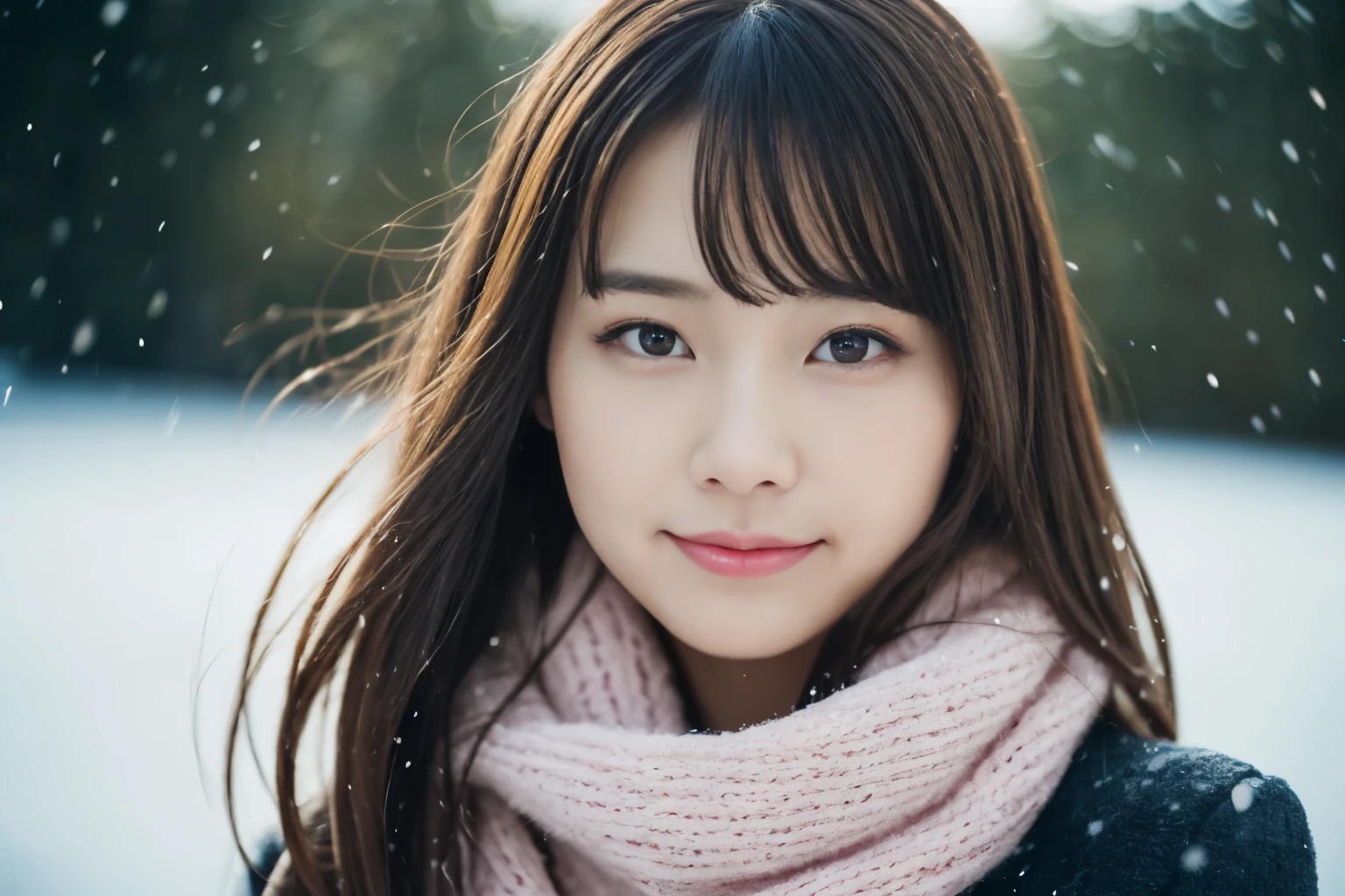 ((show only the face、close up of face))、(realistic、Photoreal、Super detailed、best detailed skin、highest quality、masterpiece、超A high resolution)、cute japanese woman、17 years old、high school girl、young girl、no makeup、have bangs、double eyelid、big black eyes、Japanese style face、smile、realistic肌タイプ、thick muffler、Gray muffler、fluffy hair、((scarf hair:1.3))、The wind is blowing、that&#39;It&#39;s snowing、illumination、lighting from behind
