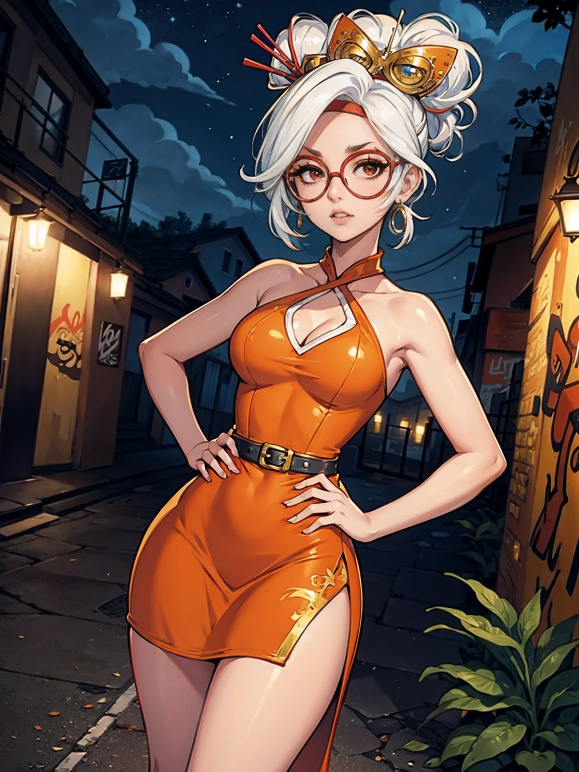 ((back, Masterpiece, Best Quality, Purah, White Hair, Red Eyes, Red Headband, Hair Ornament, Hair Sticks, Red Glasses, Hands on Hips, Smug)), ((pink lipstick, Extremely detailed, ambient soft lighting, 4k, perfect eyes, a perfect face, perfect lighting, a 1girl)) austere, ((malicious,  jade earrings, gold jewelry, female orange blazer, black pantalona tailoring pants, white satin halter top)), night sky, clouds, , lots of , (graffiti alley, graffiti walls, in an alley, night, moonlight, starry night)