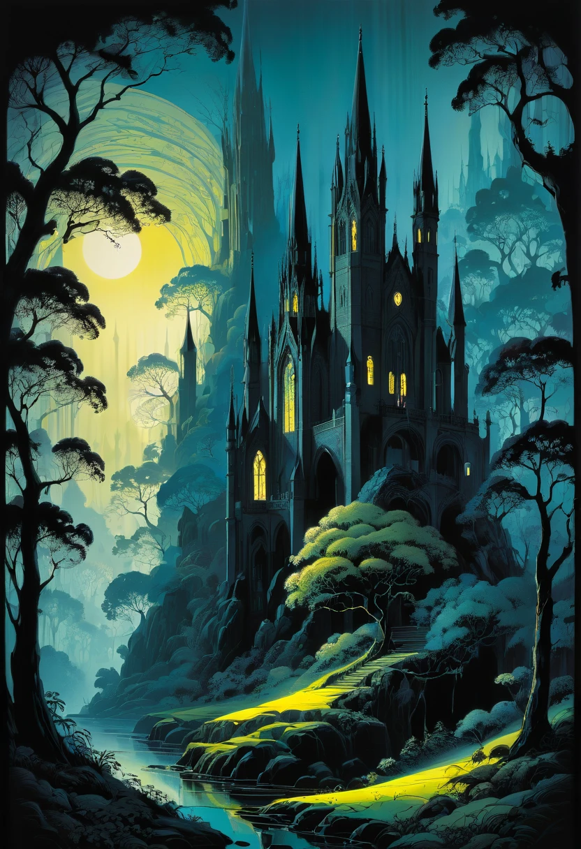 gothic aesthetic by Eyvind Earle, best quality, masterpiece, Representative work, official art, Professional, Ultra intricate detailed, 8k