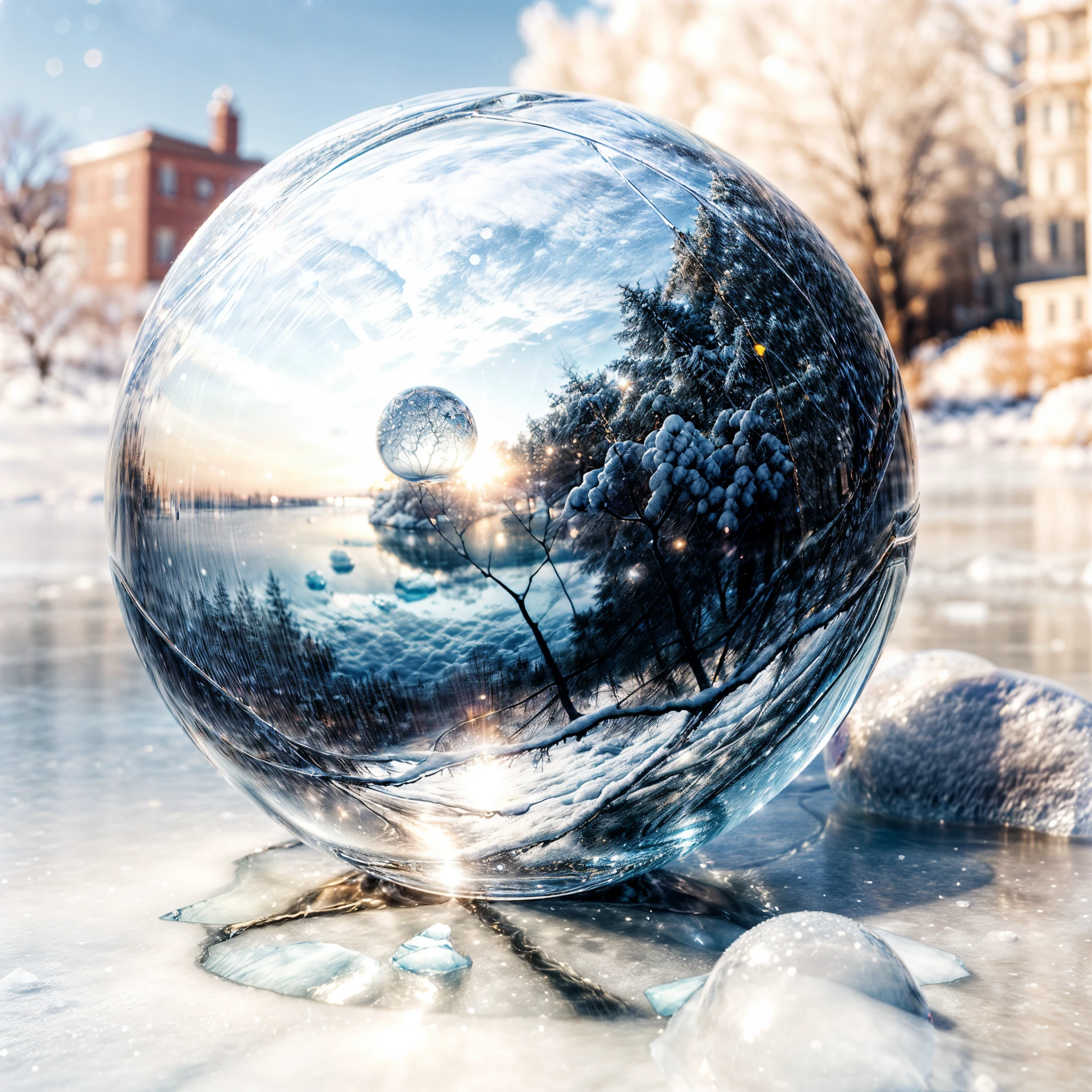 (glass sphere with soft winter sky over a frozen lake:1.2), (glass sphere in silk1.1), Landscape Photography, Unsplash, Extreme Detail, High Detail, Analog Film, Analog Lighting, Natural Lighting, 4k photography, 8k photography, Hyperrealism, Impressionism, Romanticism, Conceptual art, Surrealism, Realism, cinematic lighting, sparkle, glowing light, god rays, ray tracing, reflection light, bloom, film grain, optical illusion, lens flare, caustics, overexposure, bokeh, UHD, masterpiece, super detail, high details, high quality, award winning, best quality, highres, 16k, 8k, 4K, Nature