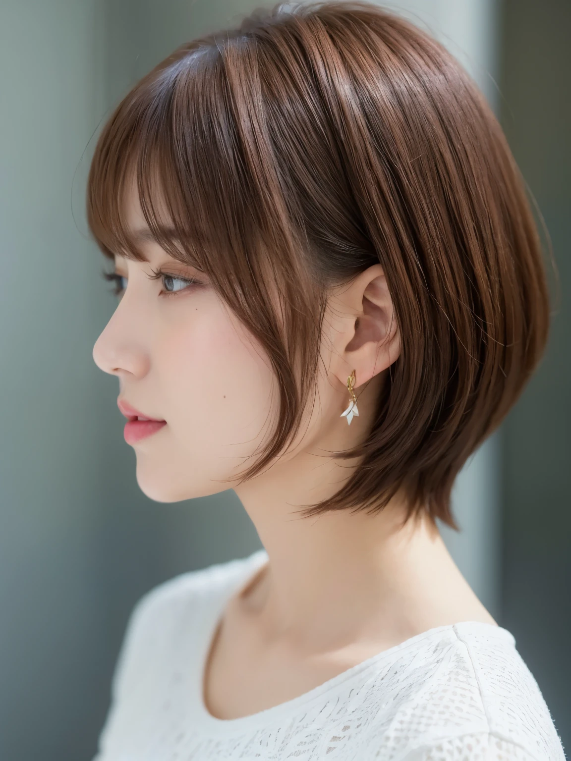 Taken in front of the white door、(8k、RAW photo、highest quality、masterpiece:1.2)、High-definition RAW color photo、professional photos、(realistic、フォトrealistic:1.37)、Photographed in natural light、1 girl、laughter、(Various poses)、squat、squat、break (ombre:1.3) 、spring clothes、 simple necklace、(long sleeve dress)、(Beautiful profile:1.3)、don't look at the camera、profile、shortcut、((brown hair)、short hair、Eye color dark brown、(Beautiful profile:1.3)、correct hand of human body、simple earrings