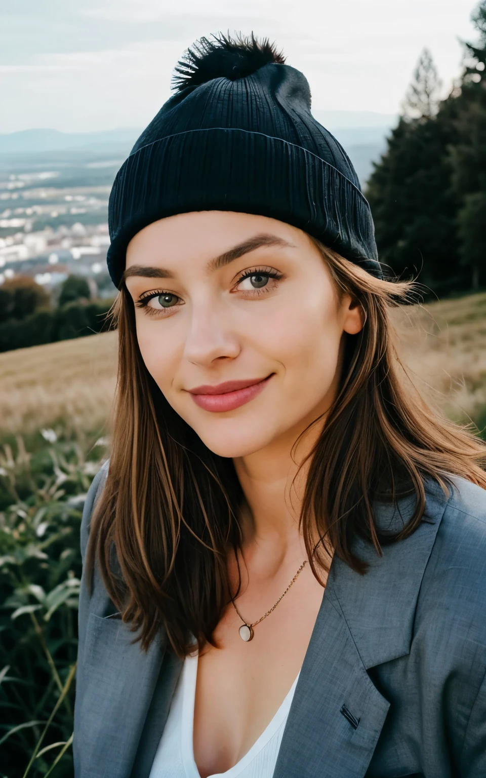 fotorealistisch, best quality, hyperdetailliert, beautiful woman, Foto-Selfie, upper body, nur, aus,  paysage montagneux, Die City high life, Licht, Schatten, (Exceptional smile、Un brun、vingt ans、,Inhalt), Beanie, People, trinken, Ein Kristallkristall, analoger Stil, Schauen Sie den Betrachter an, Hauttextur, Film grain, big plan, super high resolution, Meilleure ombre, .ROH, Instagram-LUT